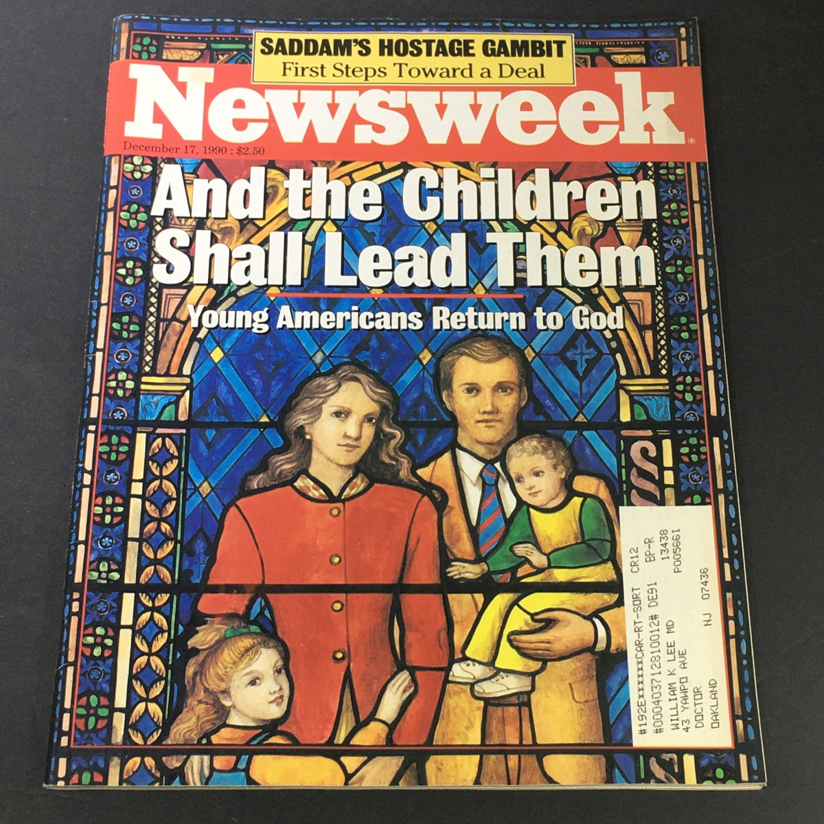 VTG Newsweek Magazine December 17 1990 featuring the cover titled 'And the Children Shall Lead Them' illustrating a stained glass design with a family, highlighting the theme of young Americans returning to God and shedding light on Saddam Hussein's hostage gambit.