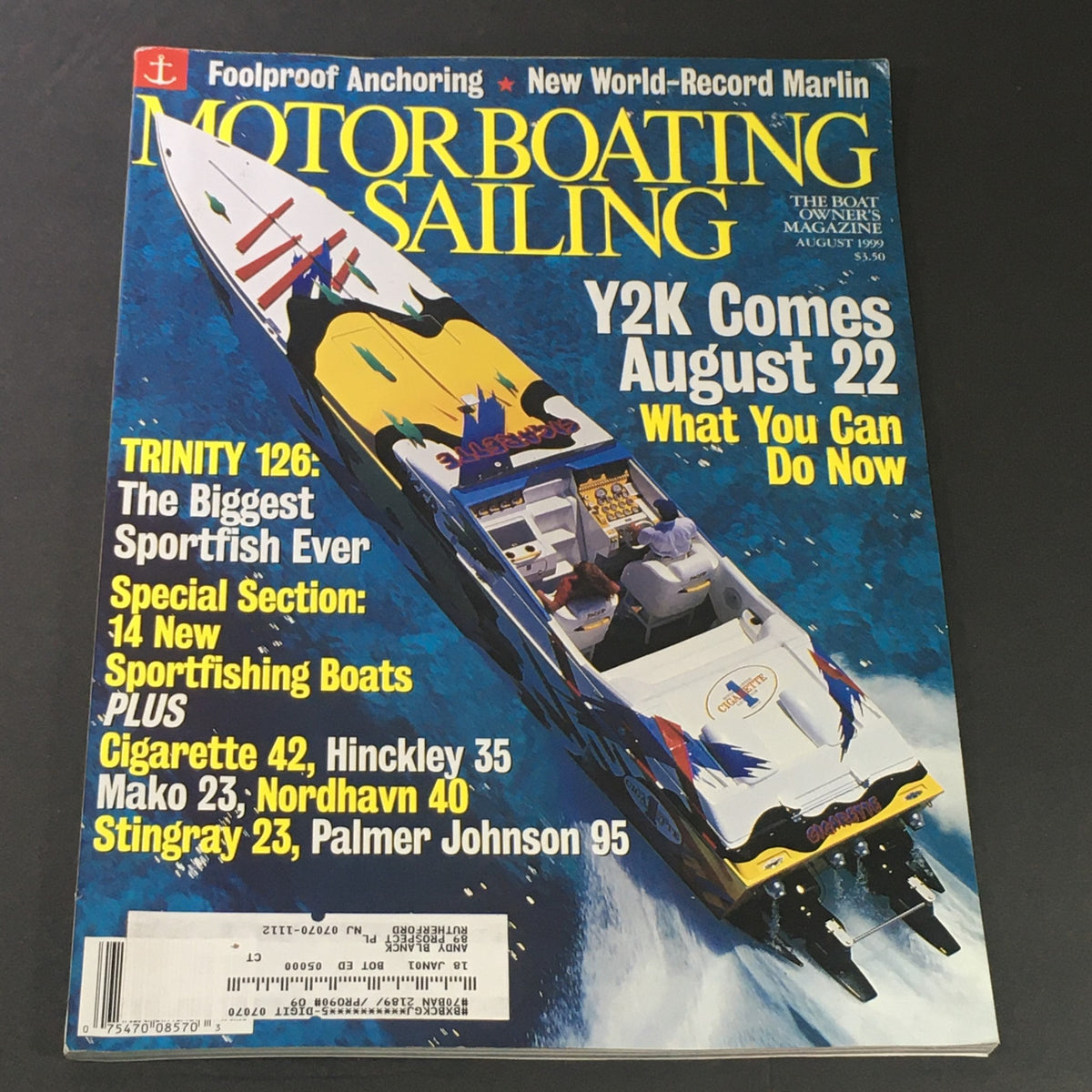 Vintage Motor Boating Sailing Magazine August 1999 featuring Trinity 126, cover showcasing sportfishing boats and boating adventures.