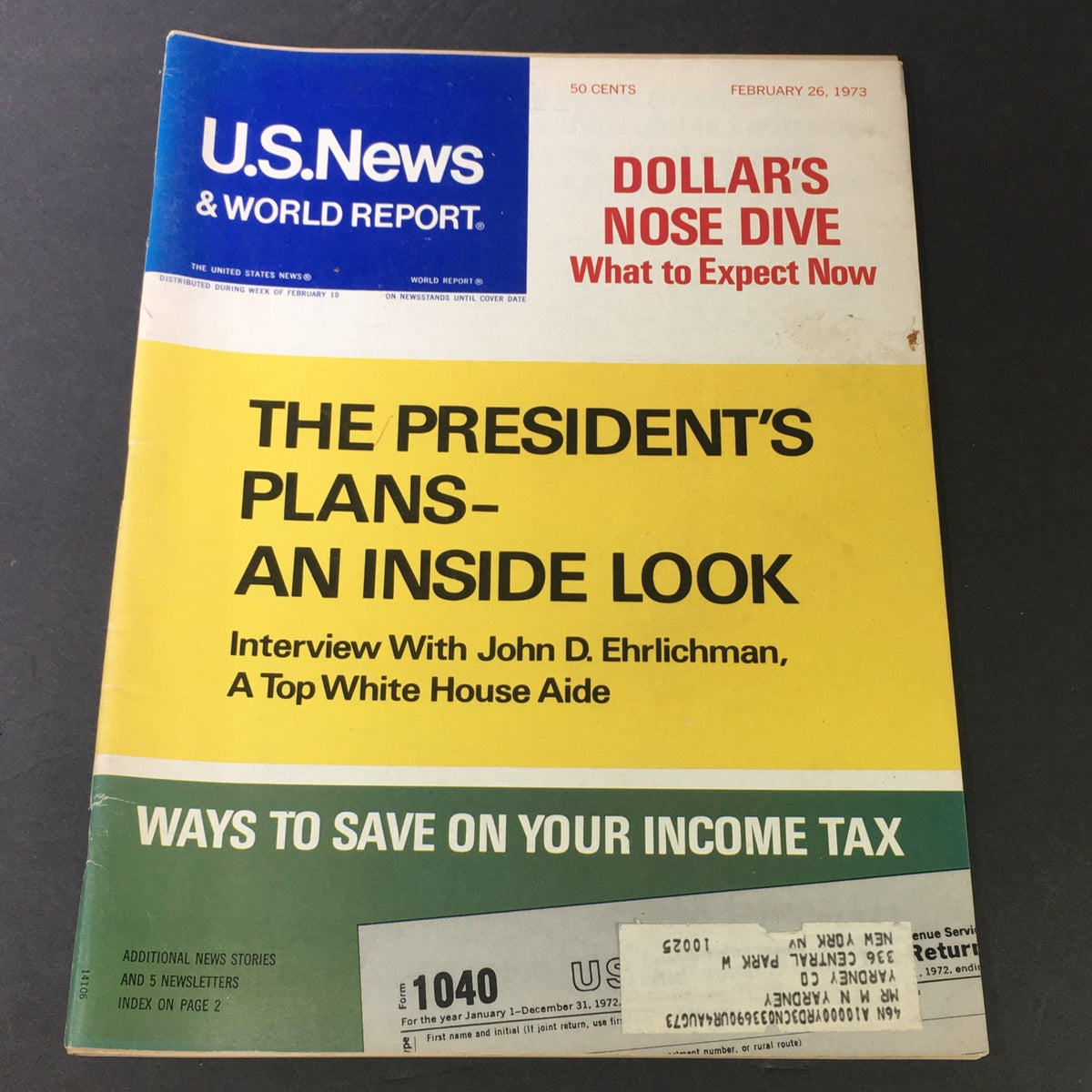 VTG U.S. News & World Report February 26 1973 cover featuring bold headlines on the President's plans and an overview of the Dollar's nose dive.