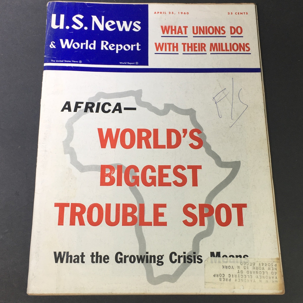 Cover of VTG U.S. News & World Report dated April 23, 1960 featuring an article titled 'Africa: The World's Biggest Trouble Spot'. The magazine highlights the geopolitical issues in Africa during that era, prominently displaying the title in bold red letters against a white background with a map outline.