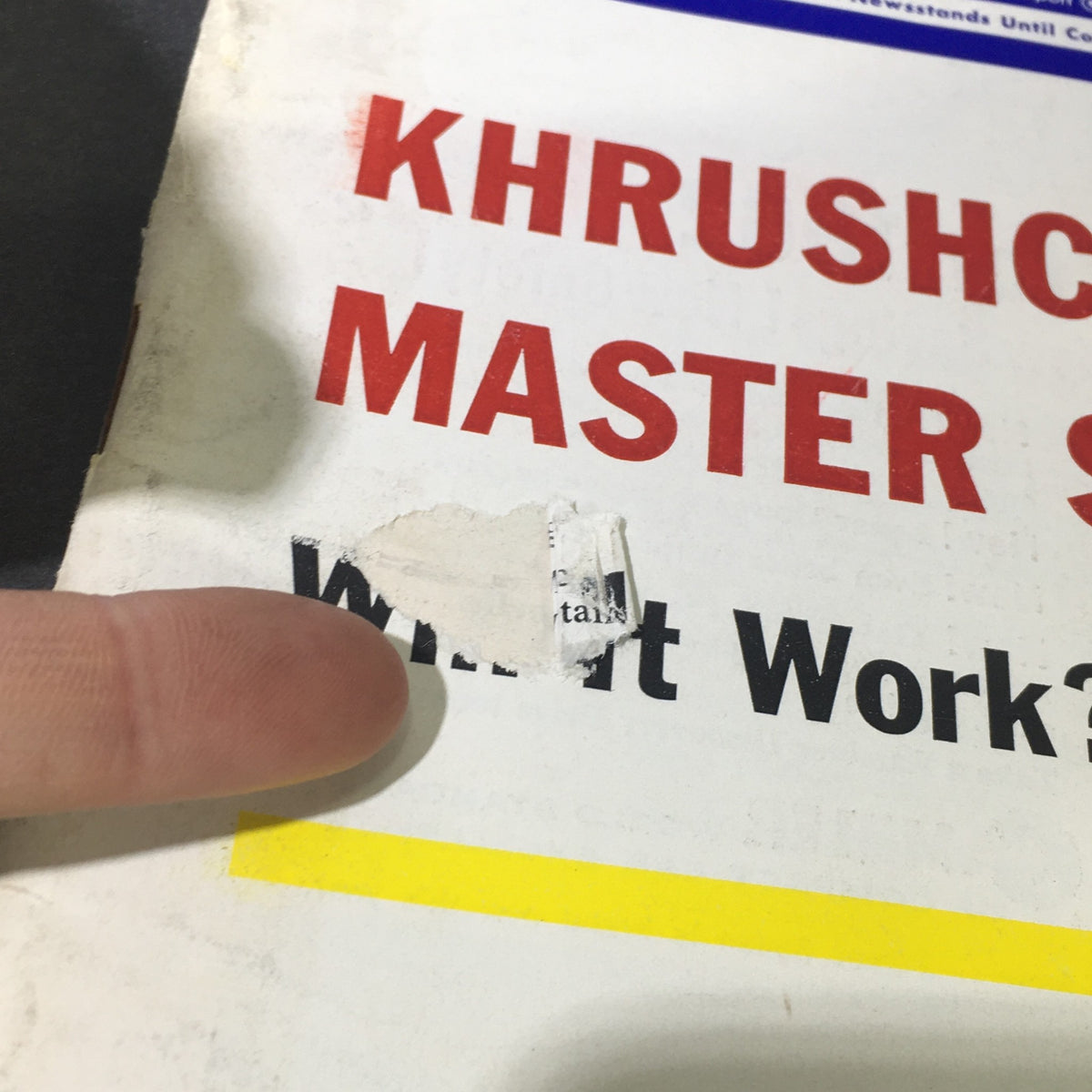 Detail view of the VTG U.S. News & World Report October 23 1961 cover, highlighting the edited text on Nikita Khruschev Master Strategy.