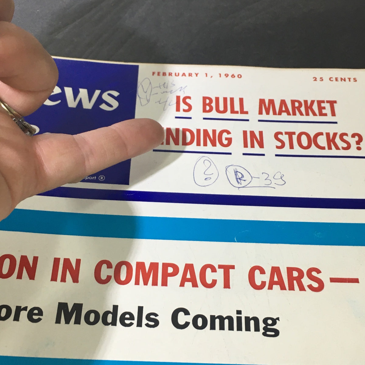 Close-up of the cover of VTG U.S. News & World Report February 1, 1960, highlighting the question about the stock market and detailing features on compact cars.