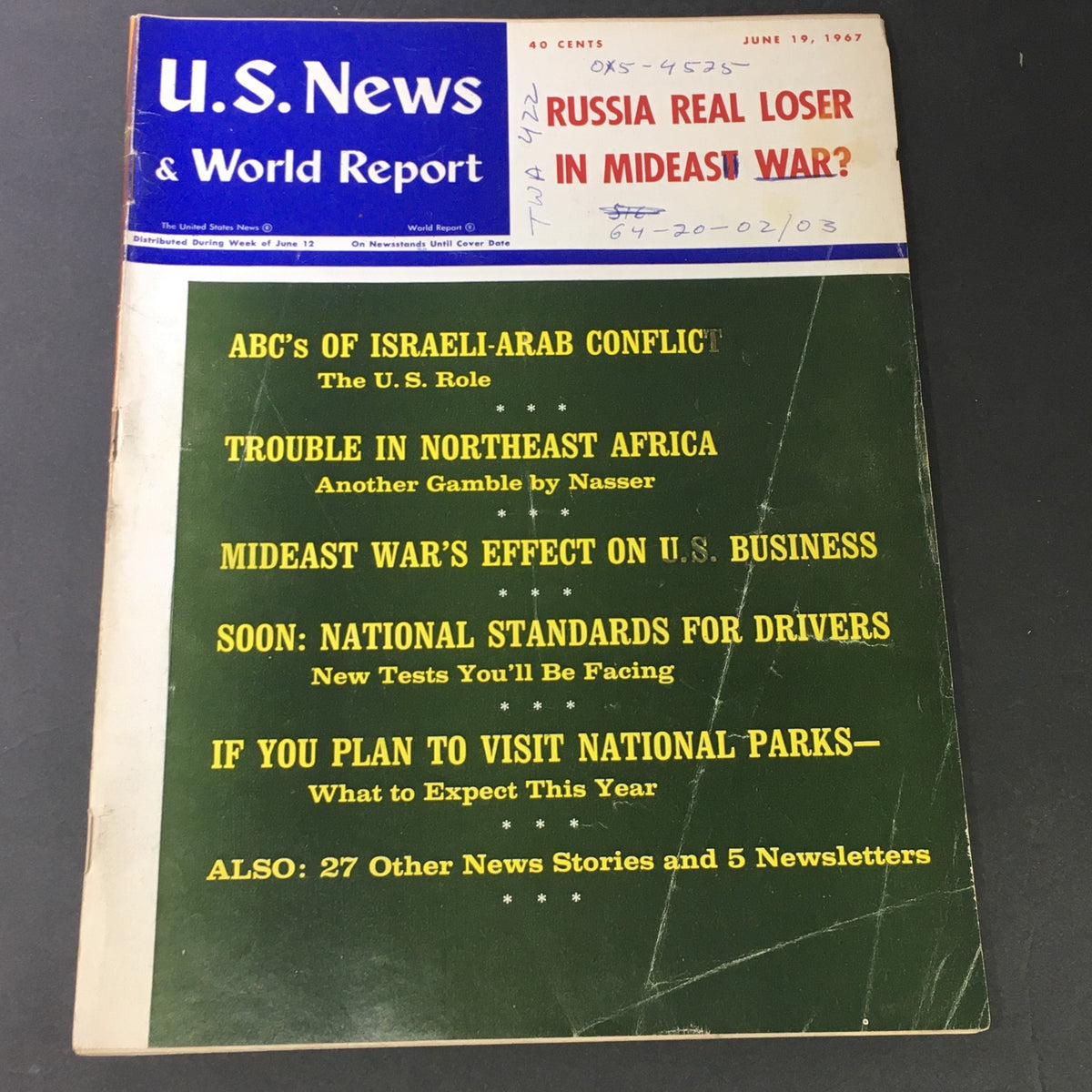 Cover of VTG U.S. News & World Report from June 19, 1967, featuring the headline on the ABC's of Israeli-Arab Conflict and additional articles.