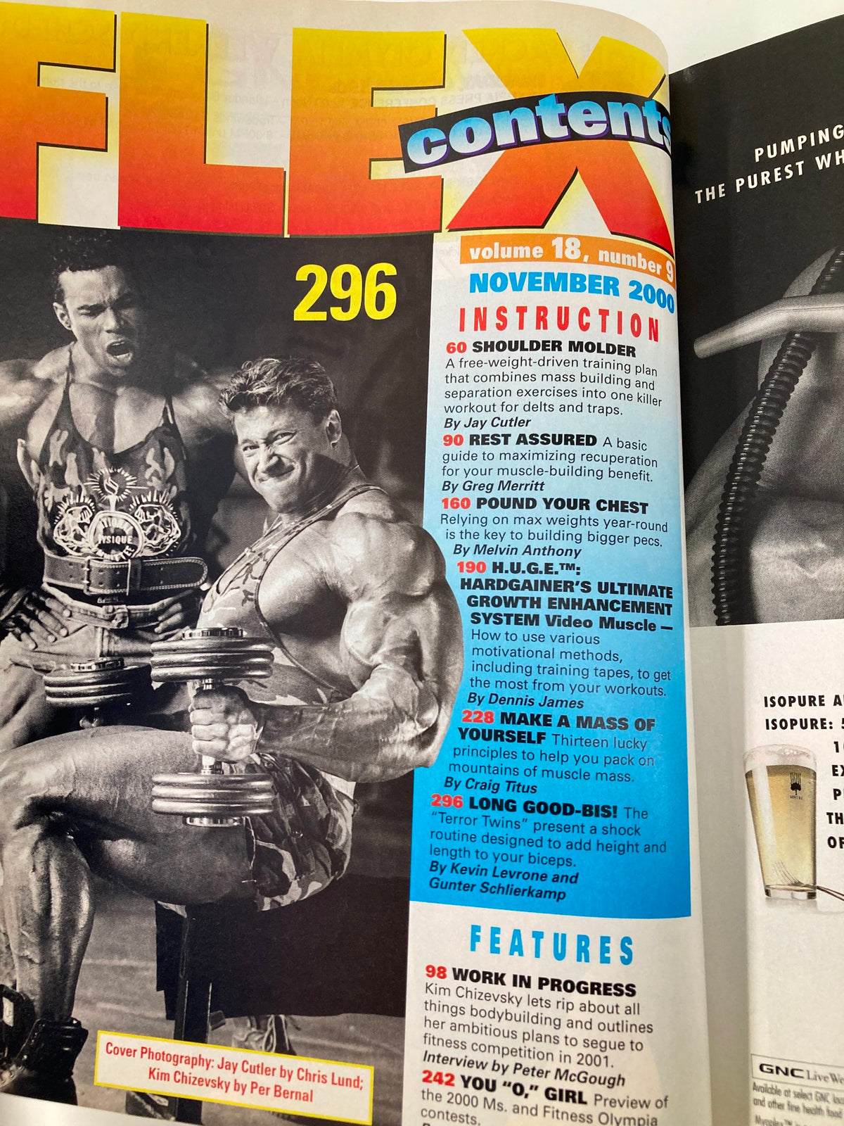 Contents page of Joe Weider's Flex Magazine November 2000, featuring bodybuilding tips and techniques from Jay Cutler and Kim Chizevsky.