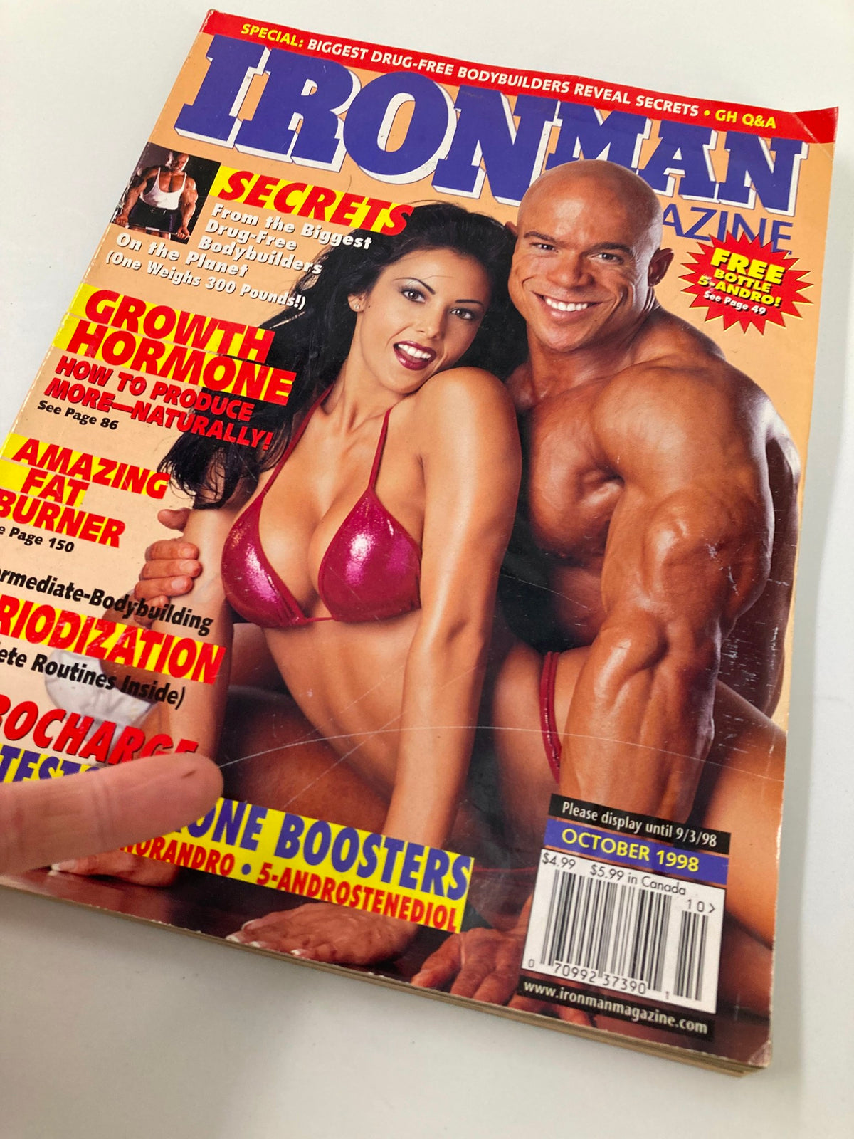 Close-up of Ironman Magazine October 1998 cover highlighting bodybuilding secrets and techniques with images of Skip La Cour and Linda O'Neil.
