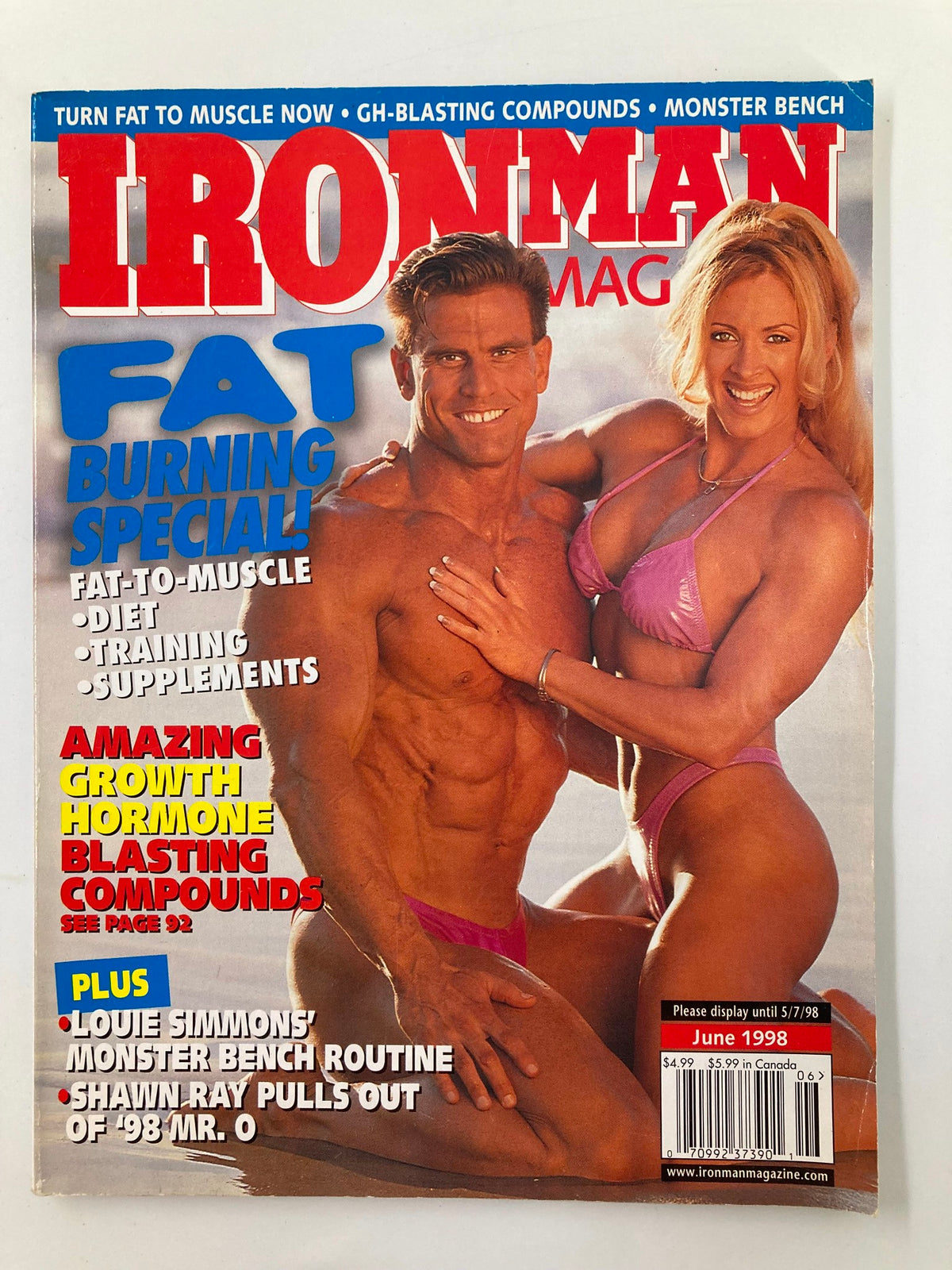 Ironman Magazine June 1998 cover featuring fitness models Lee Apperson and Debbie Kruck, promoting fat burning techniques and bodybuilding articles.