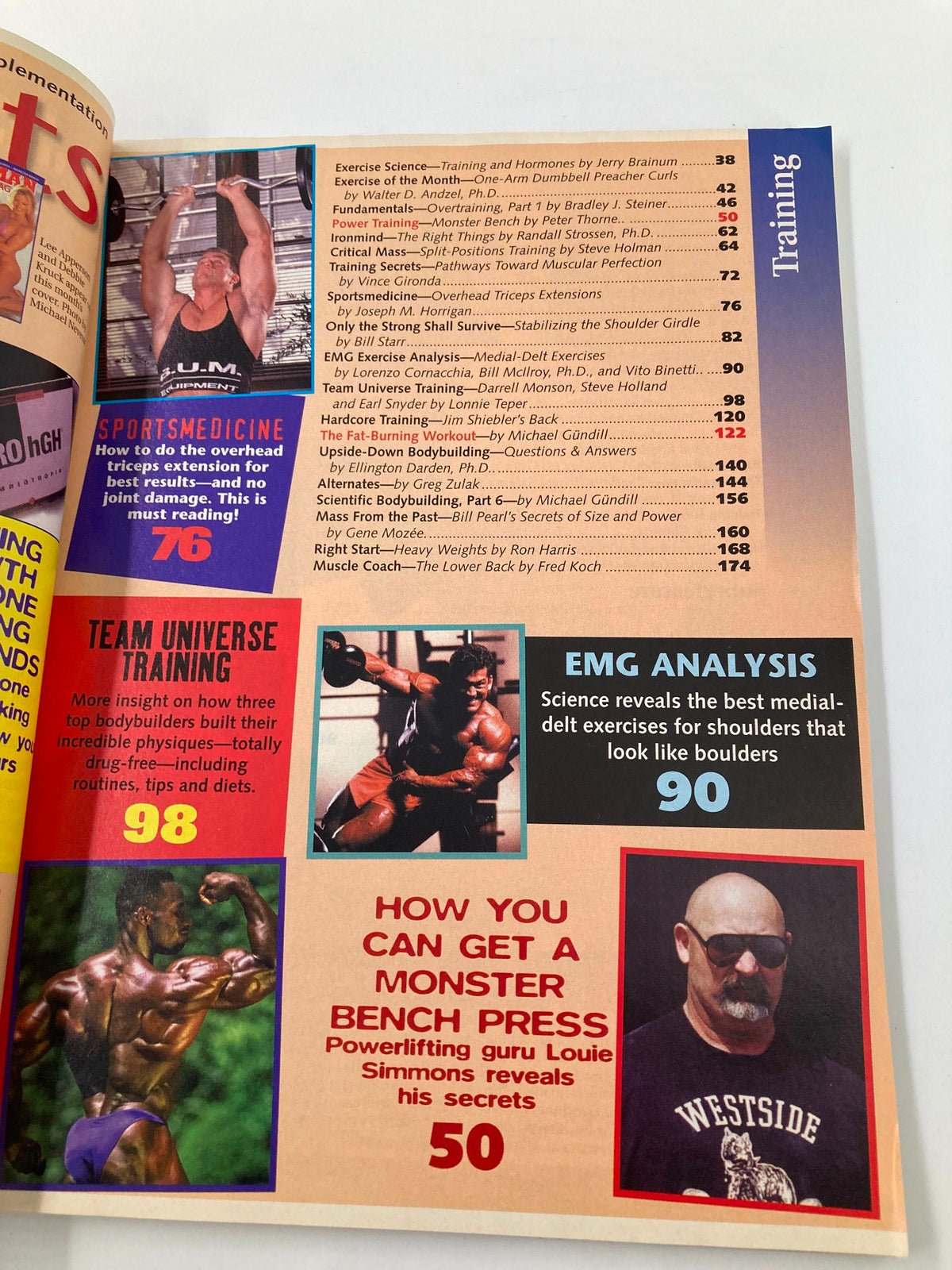 Training section of Ironman Magazine June 1998 highlighting routines and techniques by fitness experts including Louie Simmons.