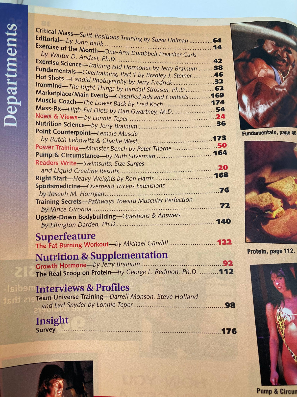 Departments section of Ironman Magazine June 1998 listing features like nutrition, interviews, and bodybuilding tips for enthusiasts.