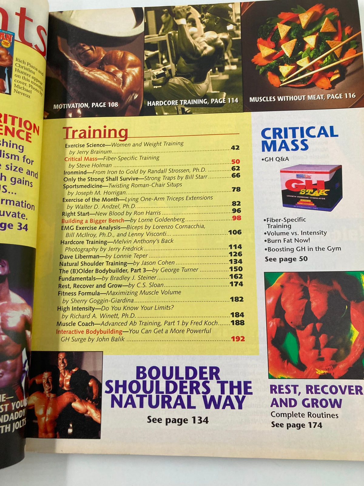 Training section of Ironman Magazine, November 1998 highlighting various workout routines and nutrition strategies for muscle building.