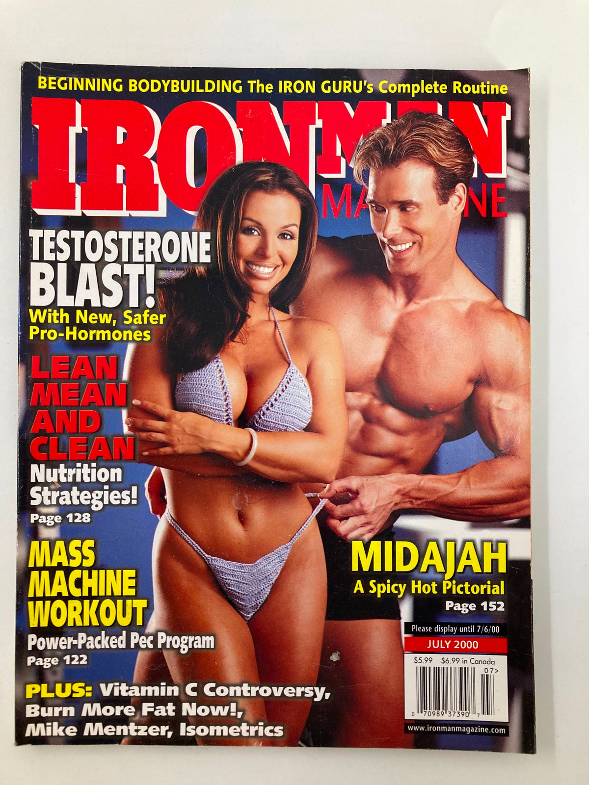Ironman Magazine July 2000 featuring Midajah and Michael O'Hearn on the cover, showcasing fitness culture and bodybuilding trends of the era.