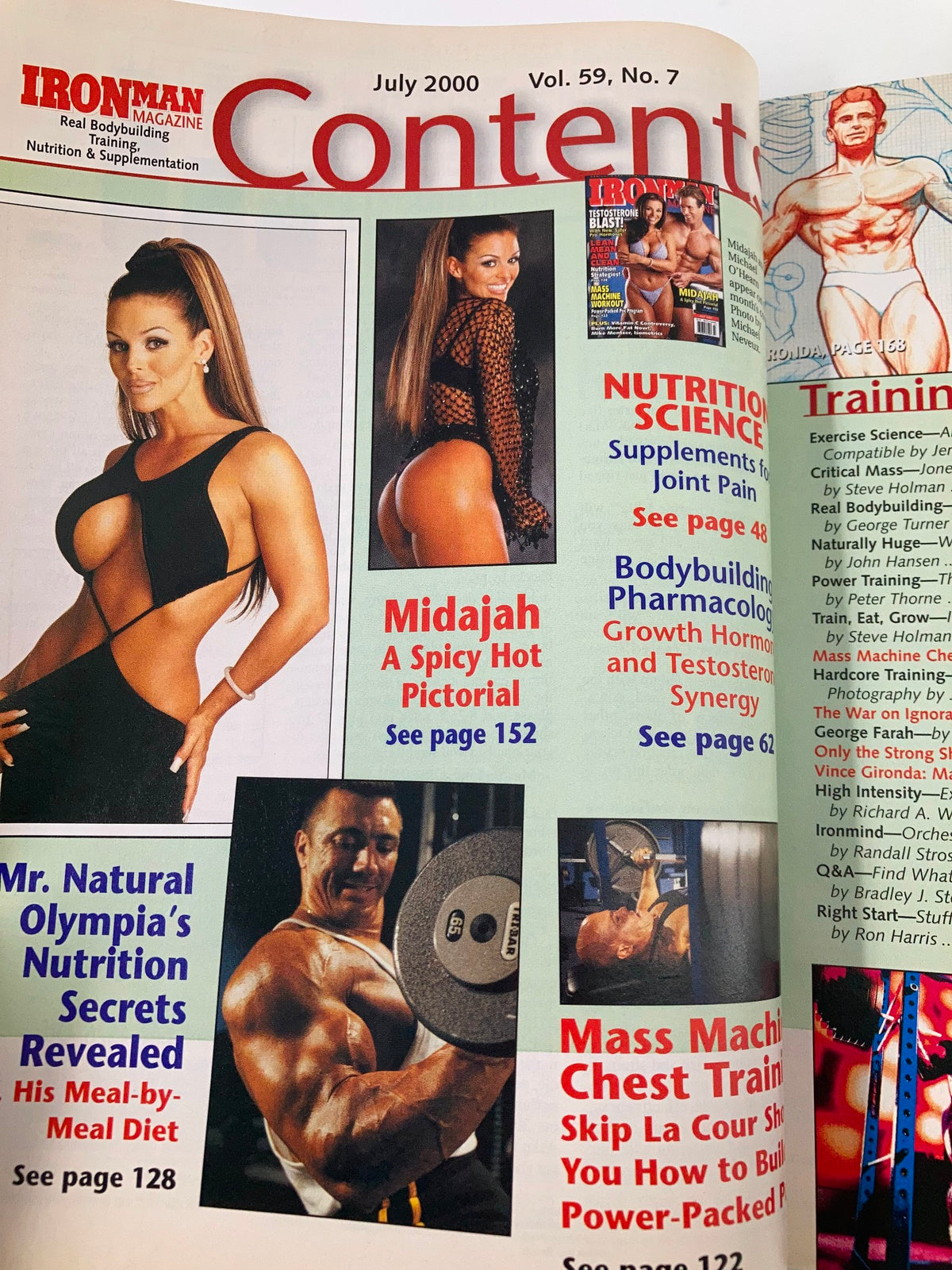 Inside the July 2000 issue of Ironman Magazine, highlighting Midajah with a feature on nutrition science, showcasing health and fitness articles.