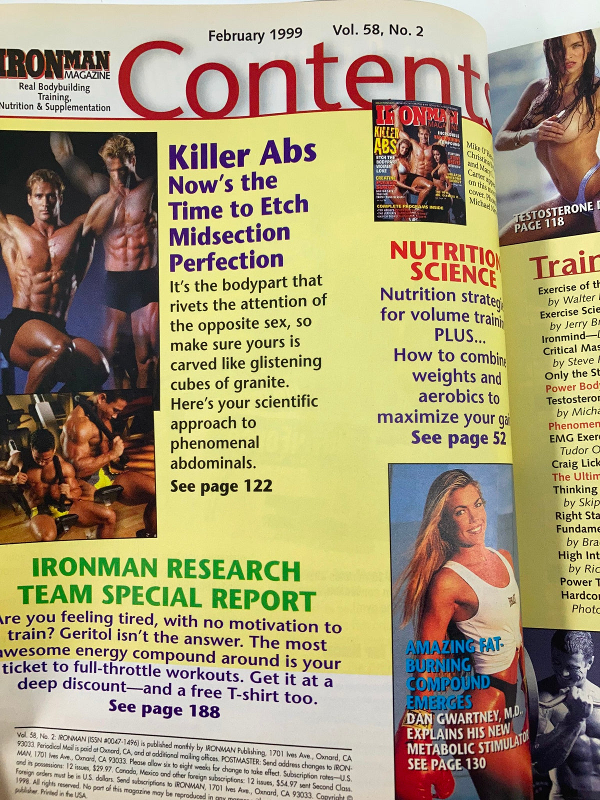 Ironman Magazine February 1999 contents page showcasing articles on nutrition, workout strategies, and fitness tips featuring prominent athletes.