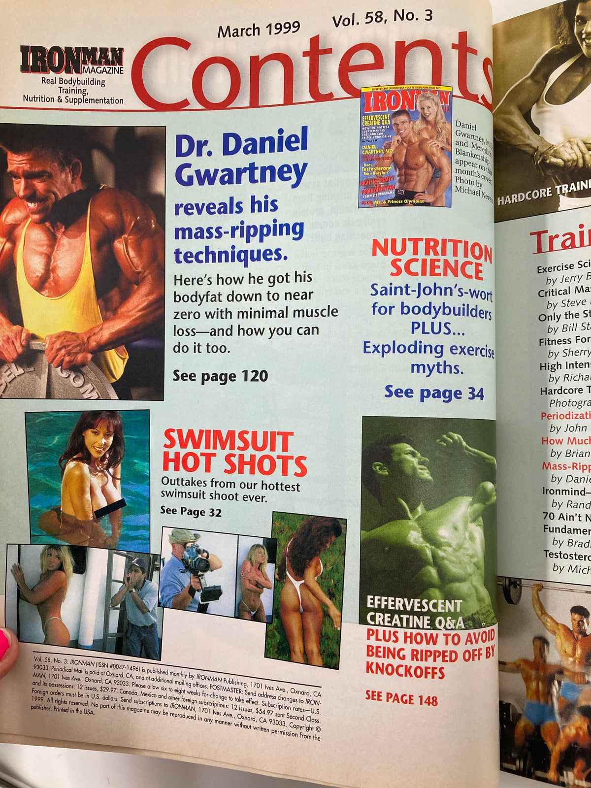 Contents page of Ironman Magazine March 1999 featuring articles by Dr. Daniel Gwartney on mass-ripping techniques, nutrition for bodybuilders, and swimsuit hot shots. Ideal for fitness enthusiasts.