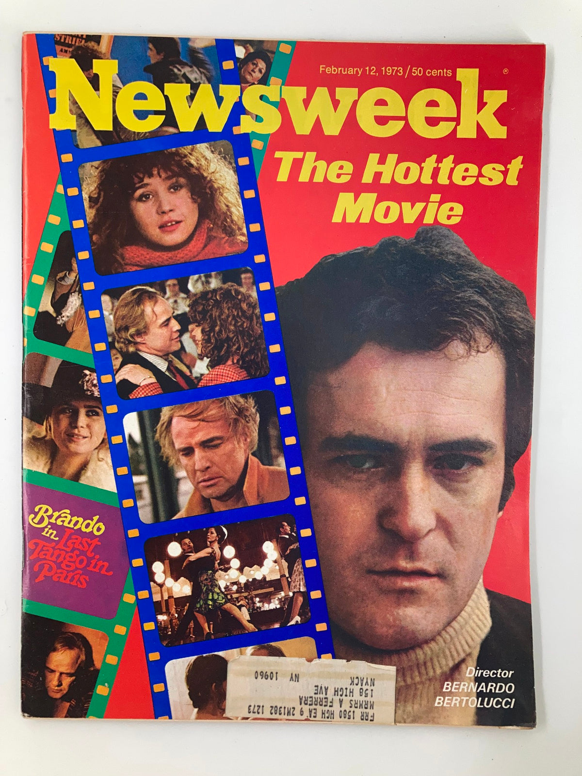 Vintage Newsweek Magazine from February 12, 1973 featuring Director Bernardo Bertolucci on the cover, showcasing film images and the title 'The Hottest Movie'.