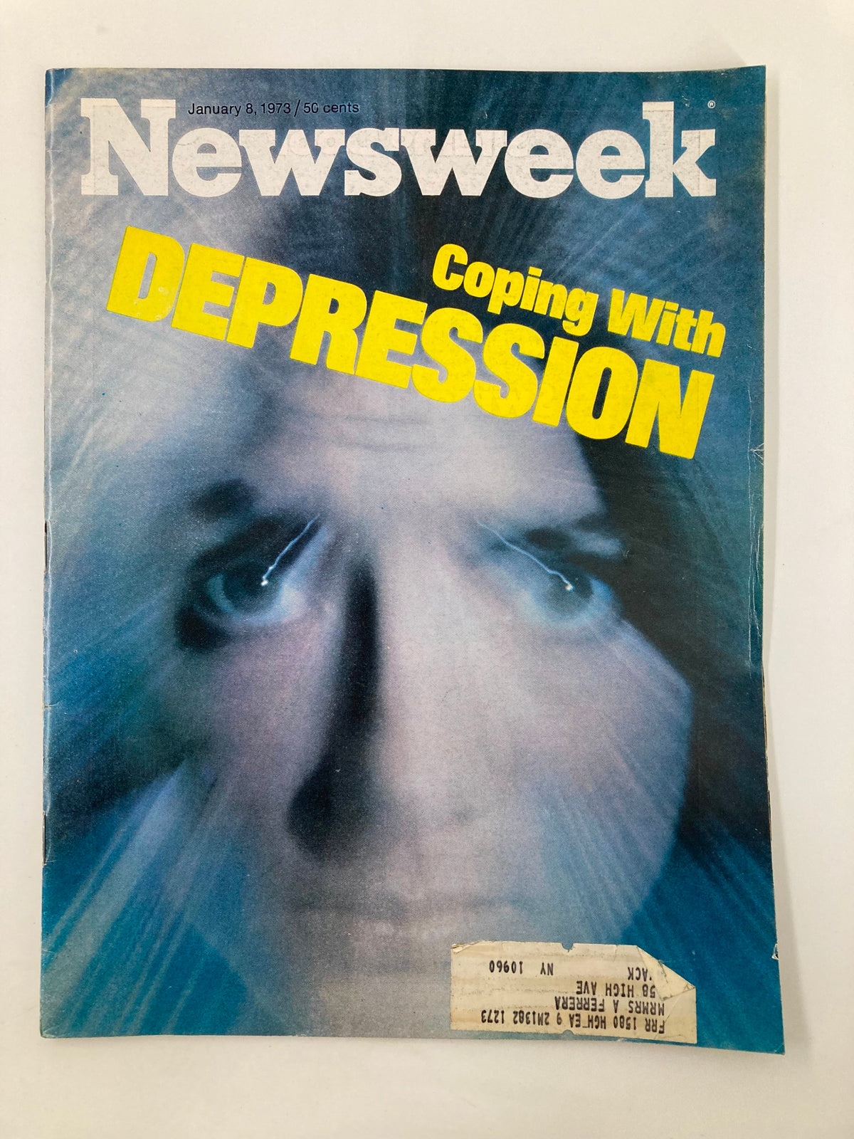 Cover of VTG Newsweek Magazine January 8 1973 titled 'Coping With Depression', showcasing a close-up image of a person with a distressed expression, emphasizing the topic of mental health and awareness.