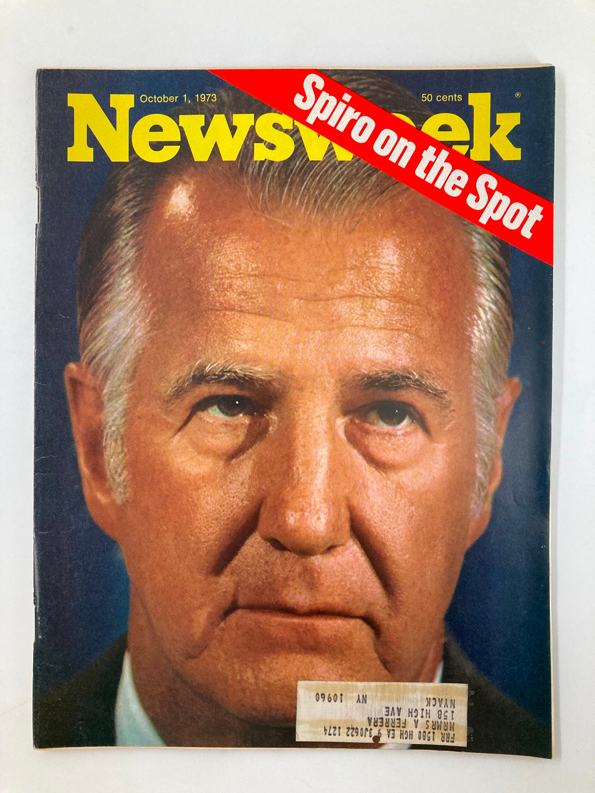 Cover of the vintage Newsweek Magazine from October 1, 1973, featuring Spiro Agnew with the headline 'Spiro on the Spot,' showcasing a captivating portrait relevant to the political climate of the early 1970s.
