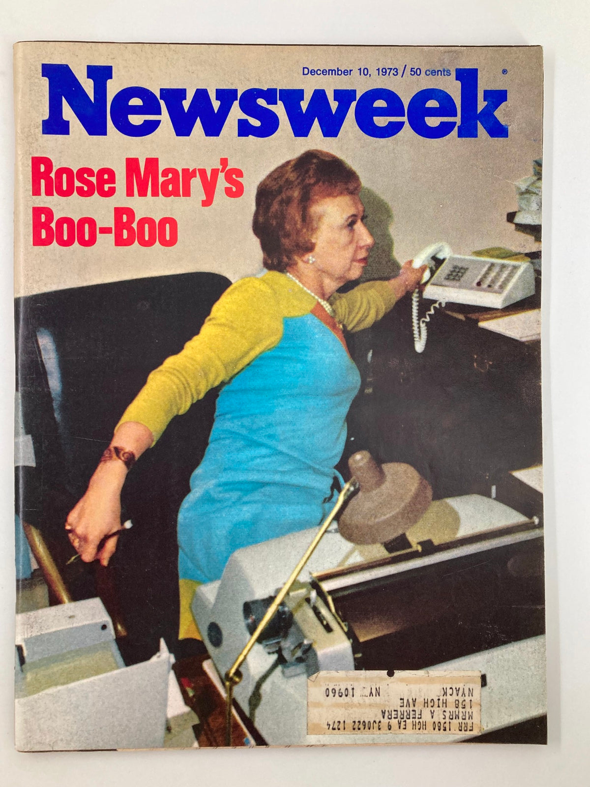 Cover of Newsweek Magazine from December 10, 1973, featuring the title 'Rose Mary's Boo-Boo' along with a woman on the phone in a vibrant blue and yellow outfit, showcasing a glimpse into 1970s culture and design.