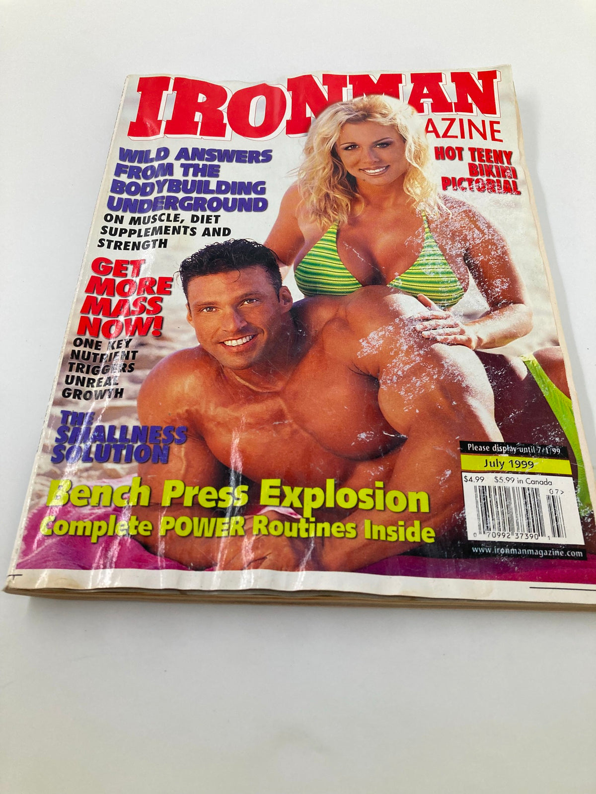 Cover of Ironman Magazine July 1999 featuring Christina Hunter and Daniel Freeman, highlighting fitness and bodybuilding culture.