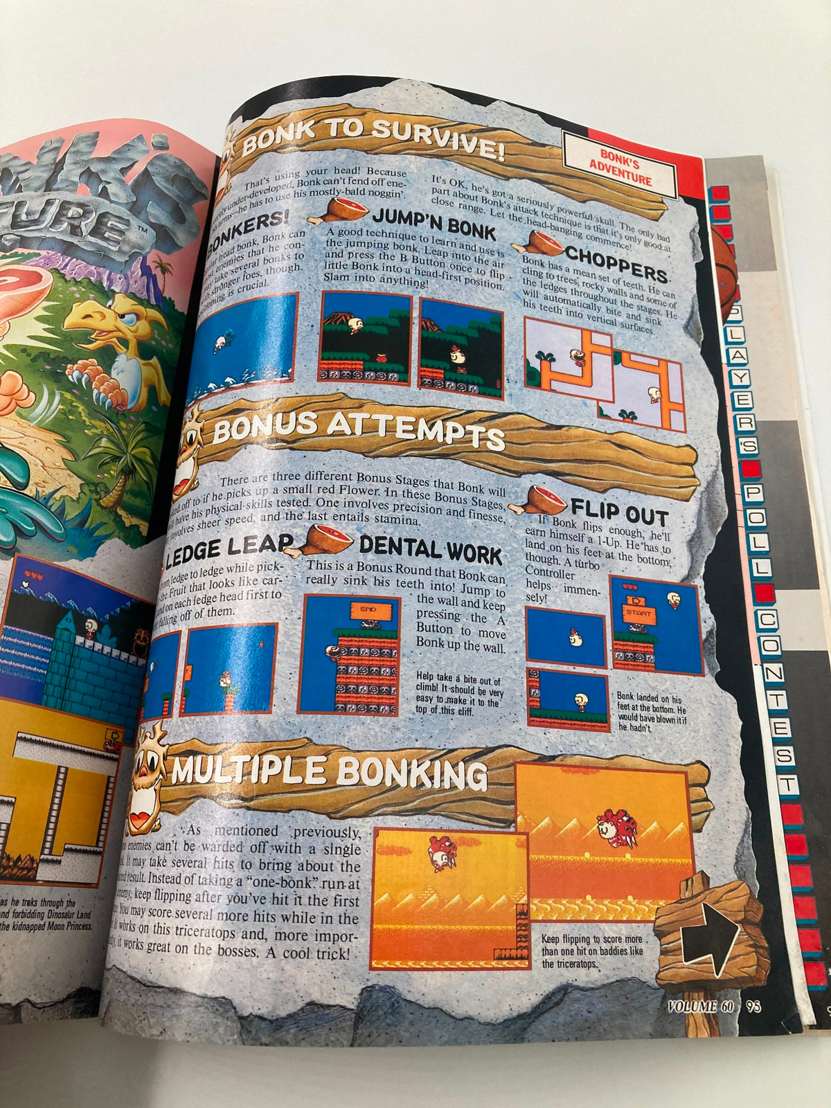Feature on Bonk's Adventure gameplay in Nintendo Power Magazine May 1994 Vol. 60, offering techniques and strategies for player success.
