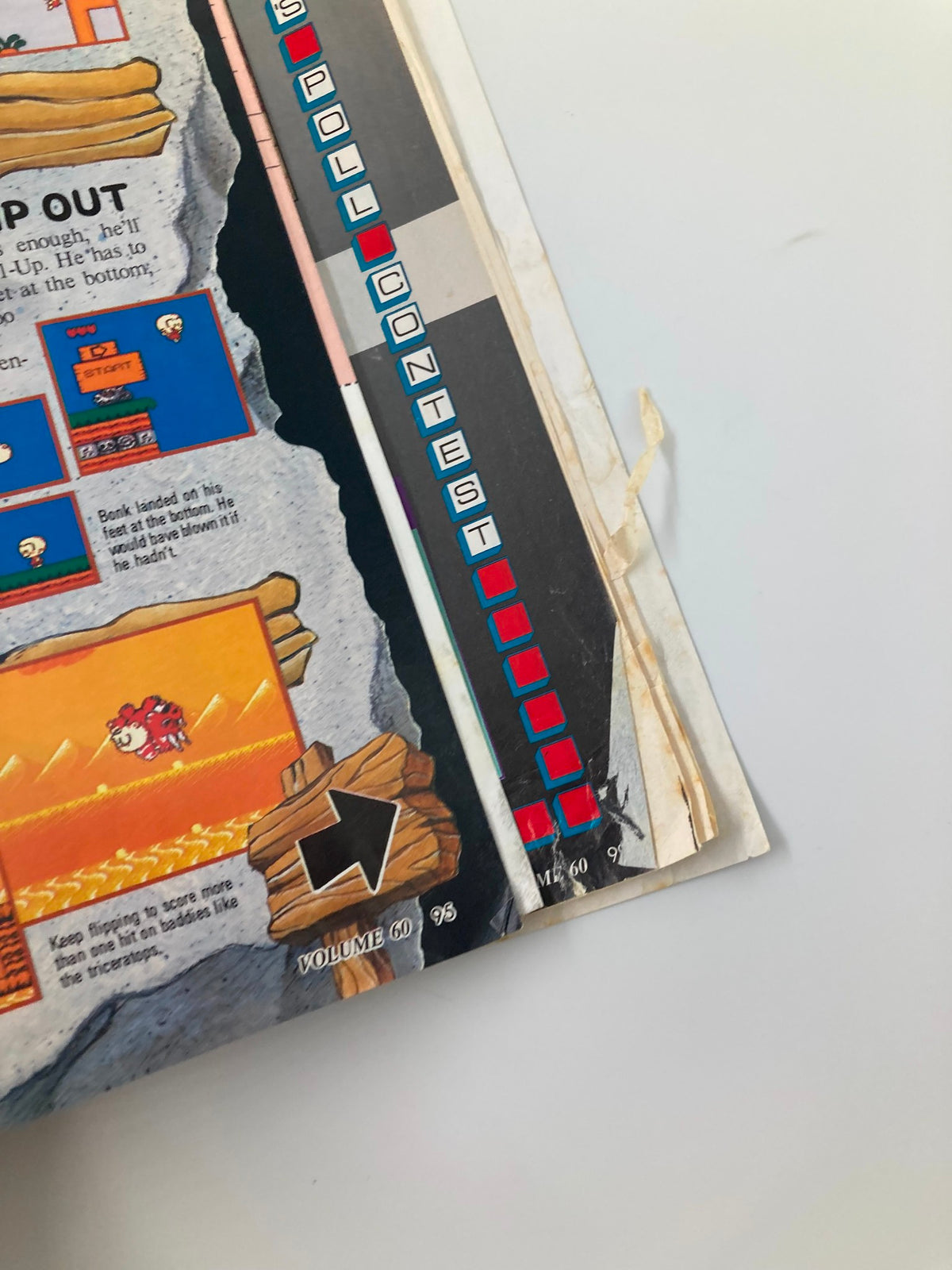 Close-up of a gameplay section in Nintendo Power Magazine May 1994 Vol. 60, showcasing Bonk's Adventure strategies and guidelines.