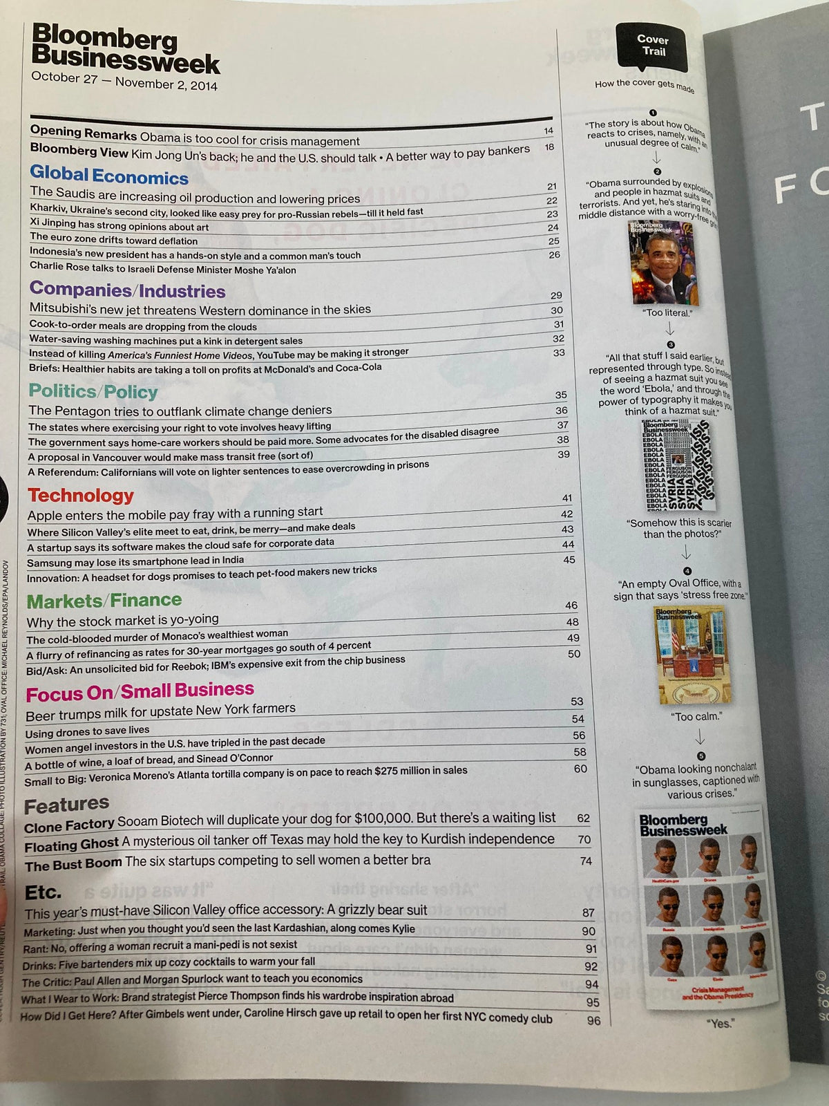 Table of contents from Bloomberg Businessweek Magazine, October 27, 2014, outlining articles on global economics, crisis management, and political themes related to the Obama presidency.