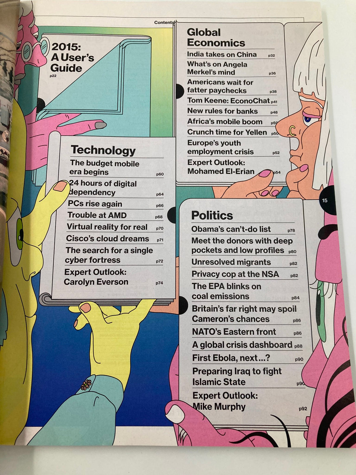 Bloomberg Businessweek Magazine November 10 2014 Contents page showcasing sections on technology, global economics, and politics in the context of 'The 500 Top Performer Companies' issue.