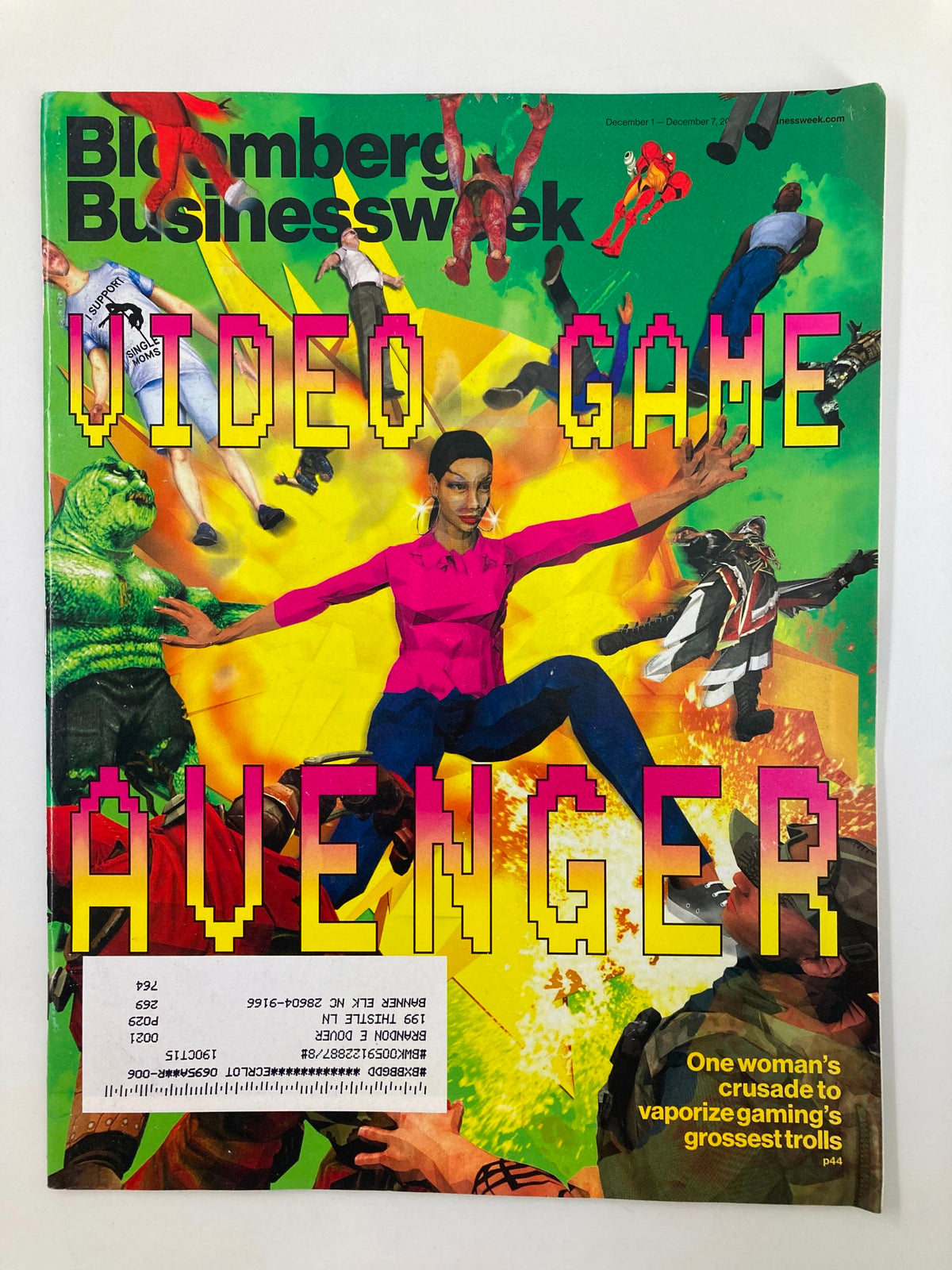 Bloomberg Businessweek Magazine December 1 2014 cover featuring the title 'Video Game Avenger' with colorful graphics, showcasing a woman's dynamic pose against a vibrant background, reflecting the themes of video gaming and entertainment.
