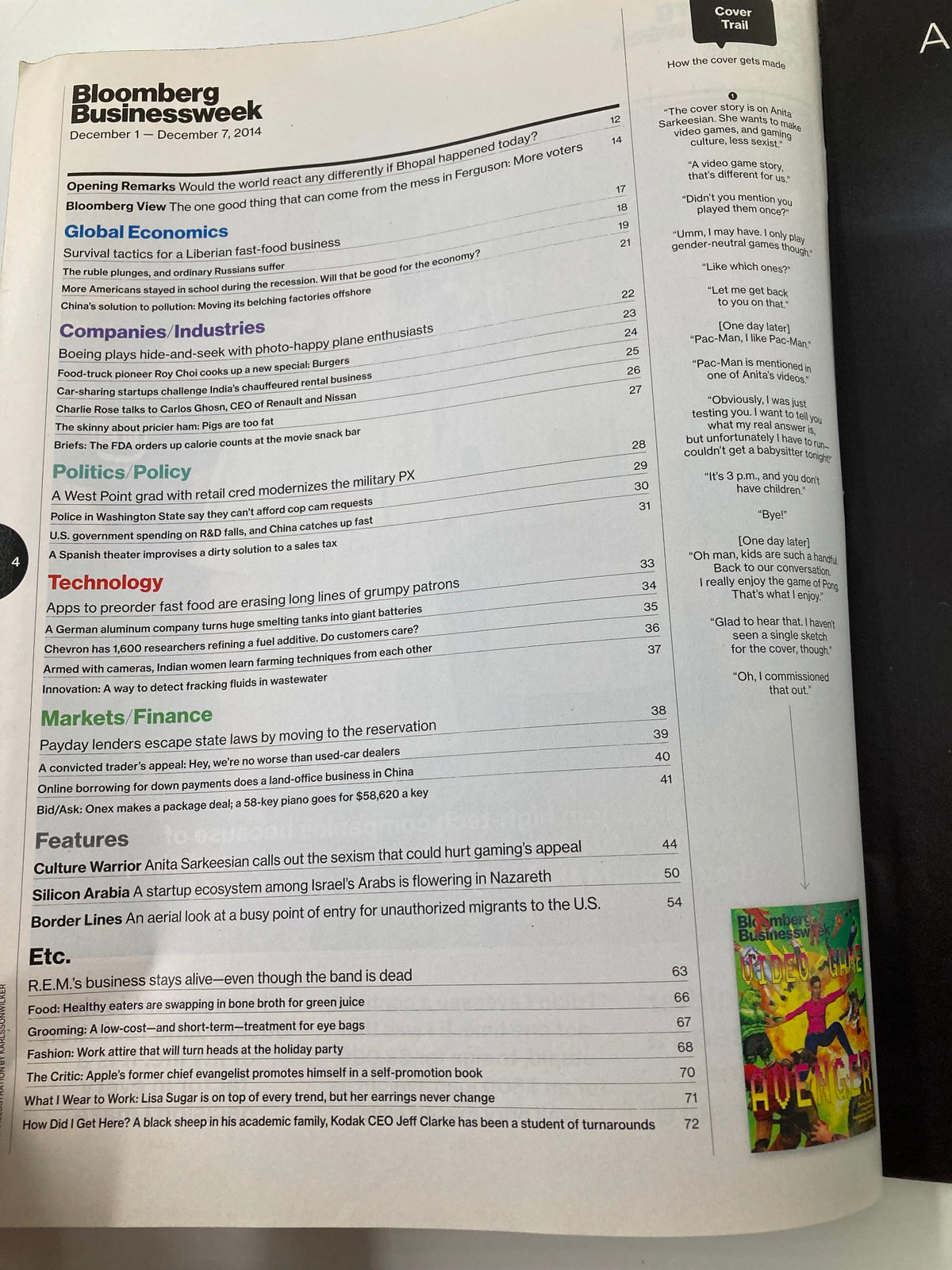 Interior page of Bloomberg Businessweek Magazine December 1 2014, displaying the table of contents highlighting articles on gaming industry trends, including 'Silicon Valley' and 'Border Lines', emphasizing the magazine's focus on business and technology in gaming.