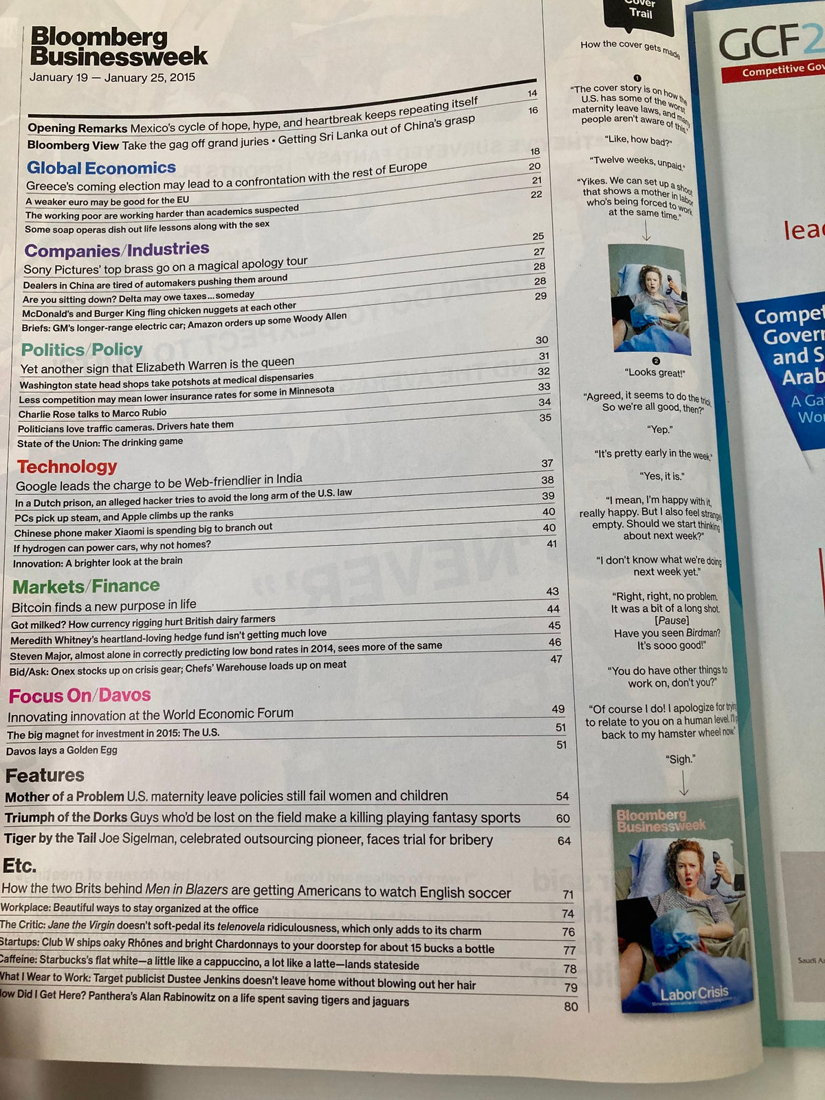 Bloomberg Businessweek Magazine January 19 2015 inside contents page, listing articles related to global industries, technology, finance, and the labor crisis, emphasizing the importance of maternity leave.