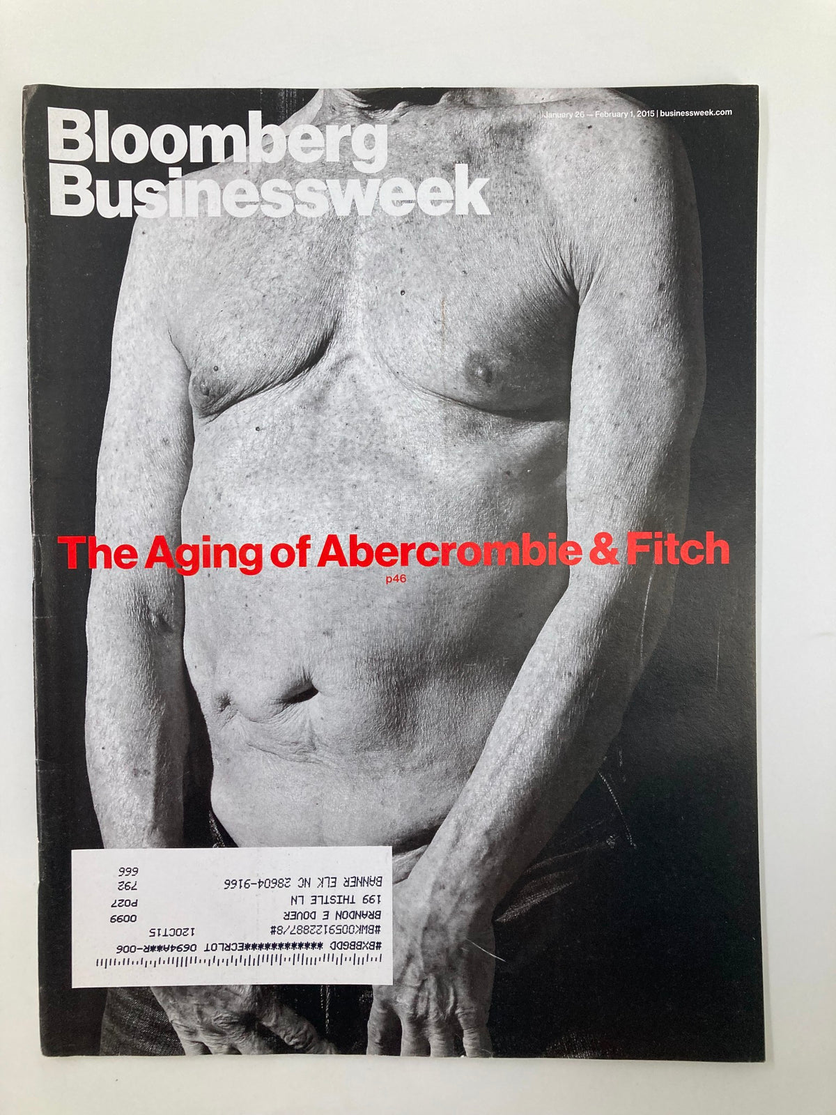 Bloomberg Businessweek Magazine cover from January 26, 2015 featuring the title 'The Aging of Abercrombie & Fitch,' highlighting the complex image of Abercrombie & Fitch through a striking black-and-white photograph.