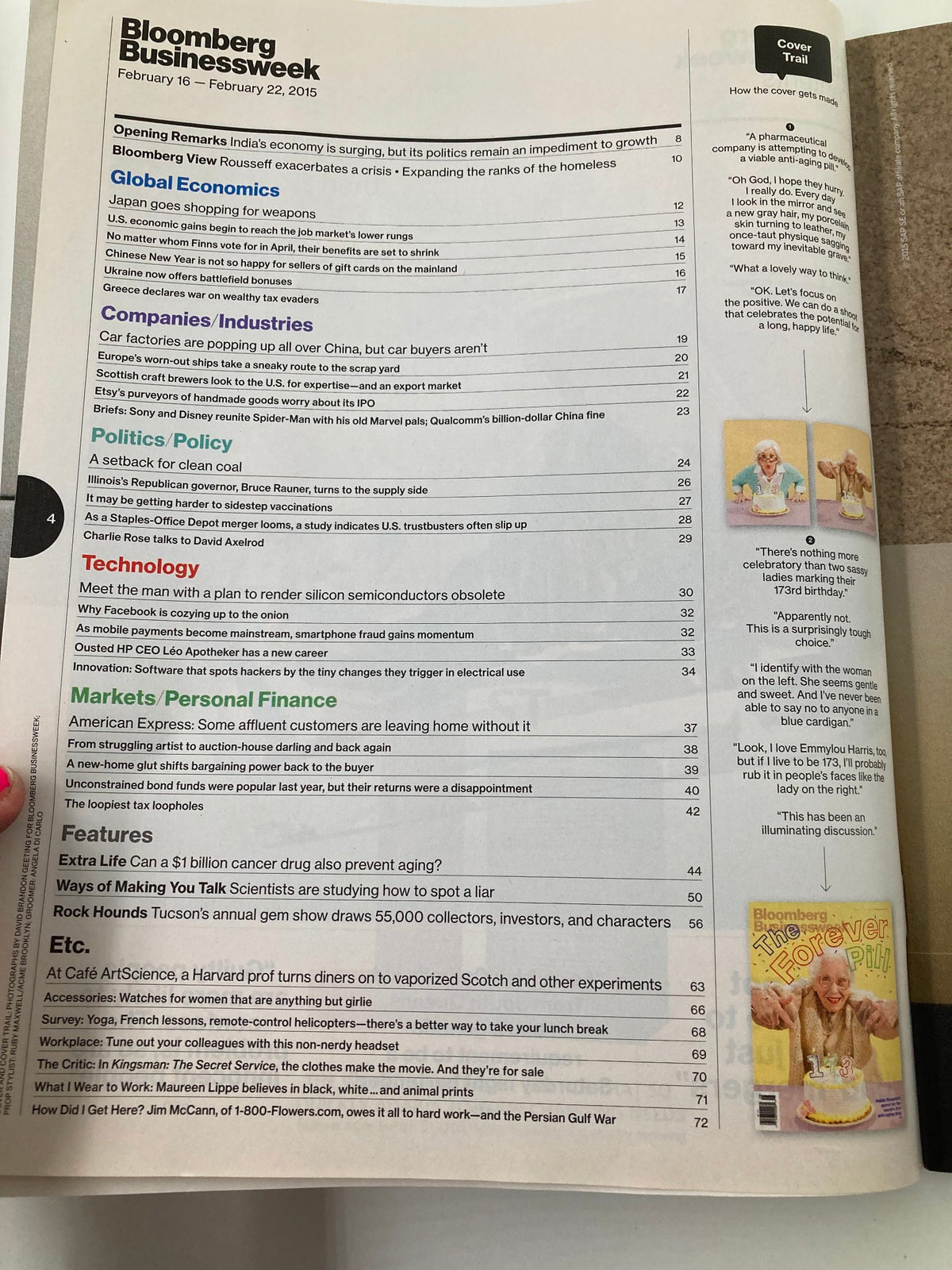 Interior page of Bloomberg Businessweek Magazine from February 22, 2015, showcasing various articles, including a discussion on the anti-aging drug, with a focus on global economics and politics.