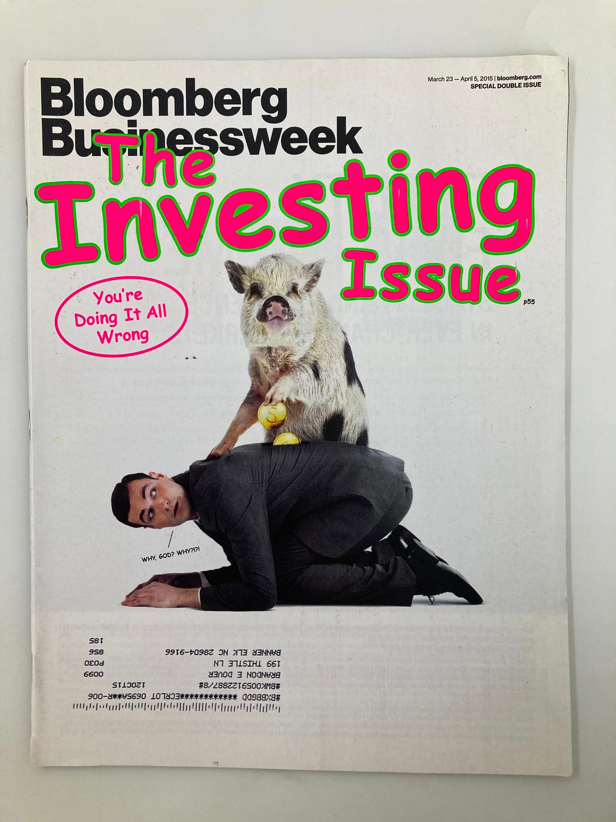 Bloomberg Businessweek Magazine March 23 2015 The Investing Issue featuring a unique cover with a pig on a man in a suit, highlighting the theme of unconventional investing insights.