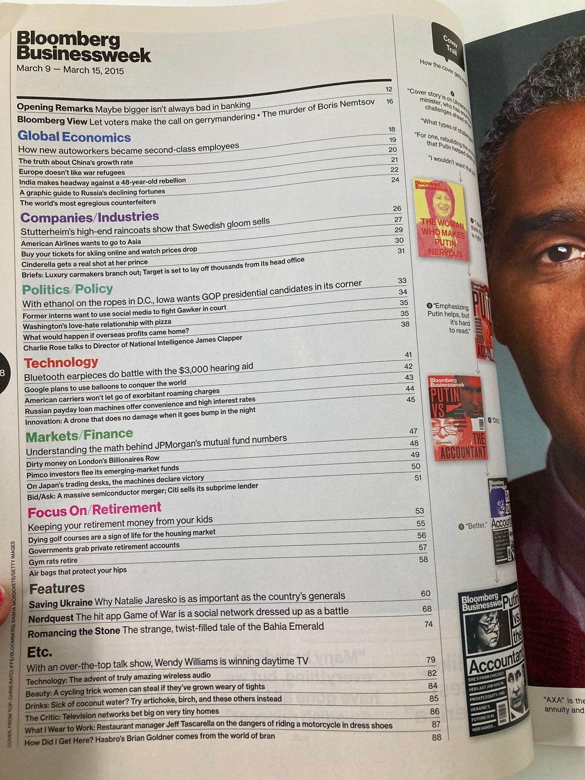 Interior page of Bloomberg Businessweek Magazine March 9 2015, showcasing the table of contents with sections covering global economics, industries, and technology, providing insight into contemporary political and financial issues.