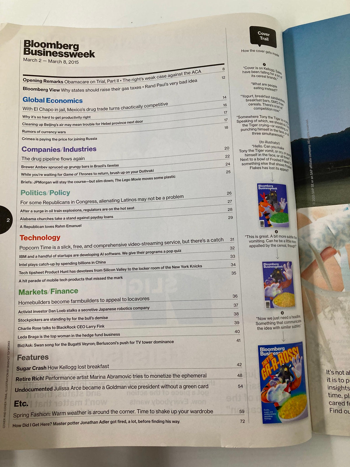 Inside spread of the Bloomberg Businessweek Magazine March 2 2015 showing various articles including global economics and technology, reflecting the discussions around health trends and industry insights.