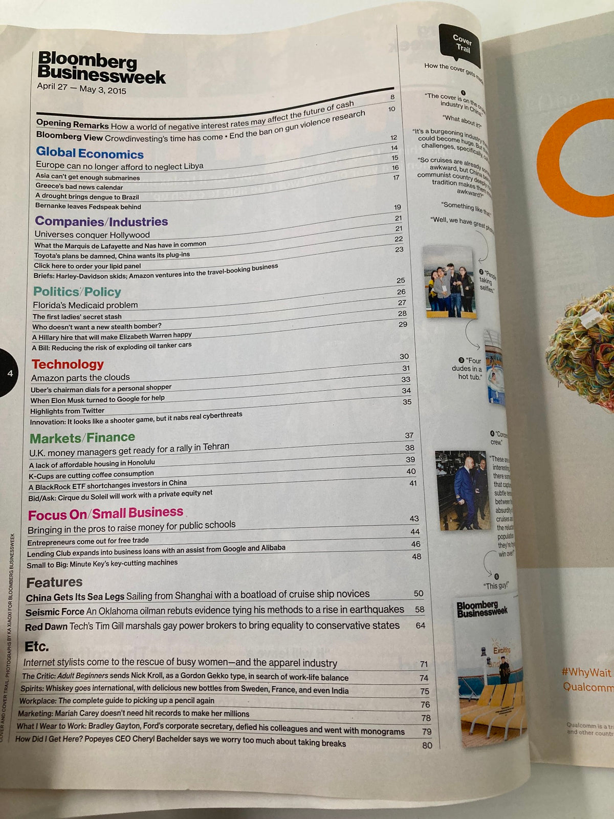 Inside pages of Bloomberg Businessweek Magazine April 27 2015, detailing contents including articles on global economics and leisure, relevant to 'The Heart of China's Leisure Class'.