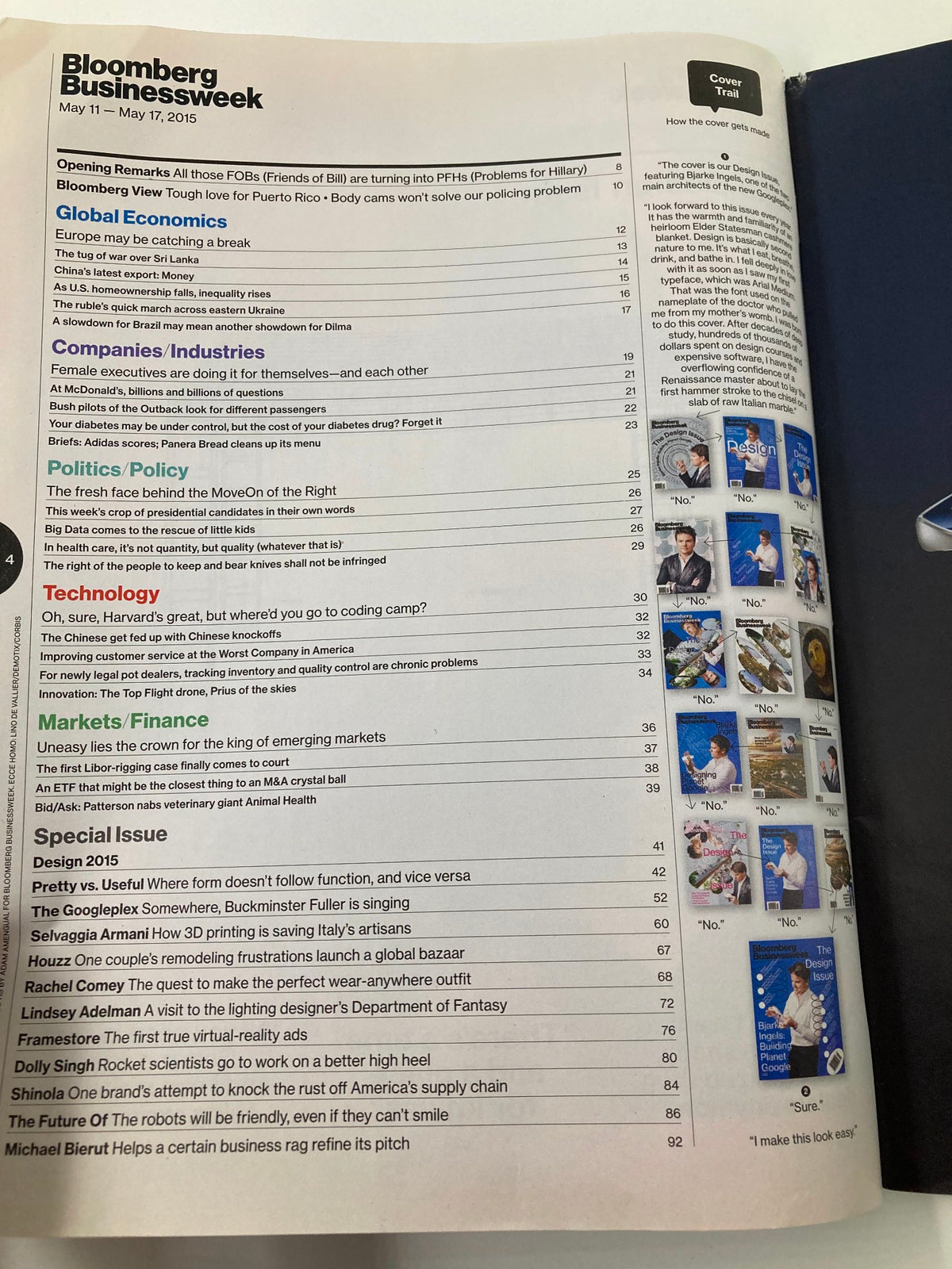 Inside page of Bloomberg Businessweek Magazine from May 11, 2015, showing the table of contents and features, including articles on architecture and technology.