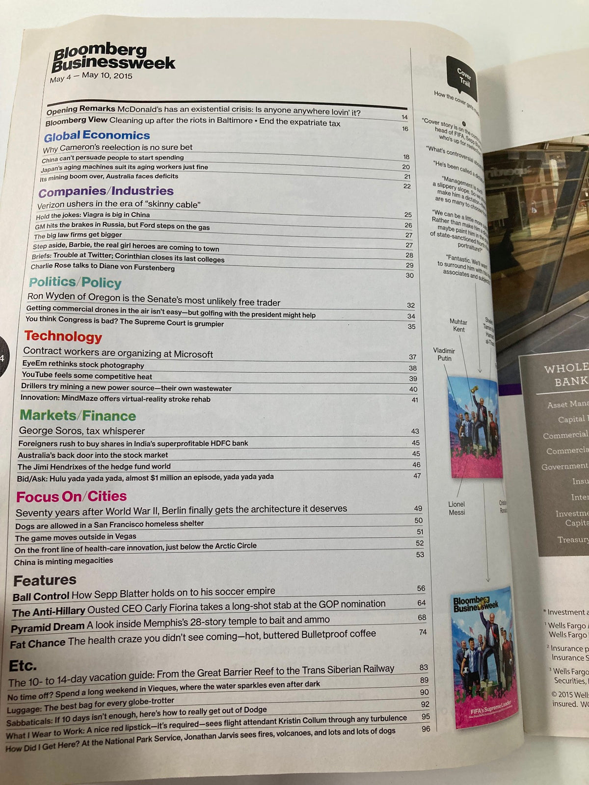 Interior page of Bloomberg Businessweek Magazine May 4 2015 showcasing articles on business, finance, and technology, indicating the magazine's comprehensive coverage of current events.
