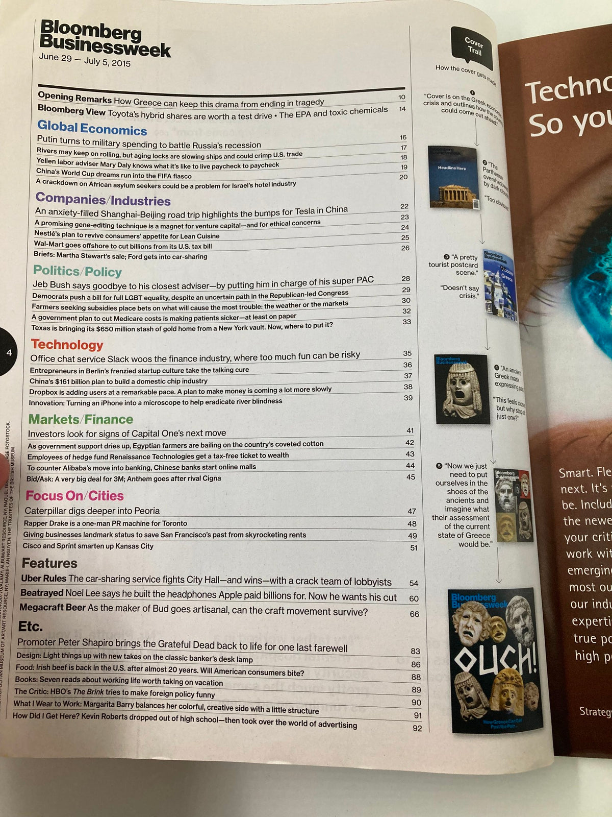 Table of contents from Bloomberg Businessweek Magazine, June 29, 2015, featuring articles on Greece's economic recovery, politics, technology, and finance, including the title "How Greece Can Get Past The Pain."