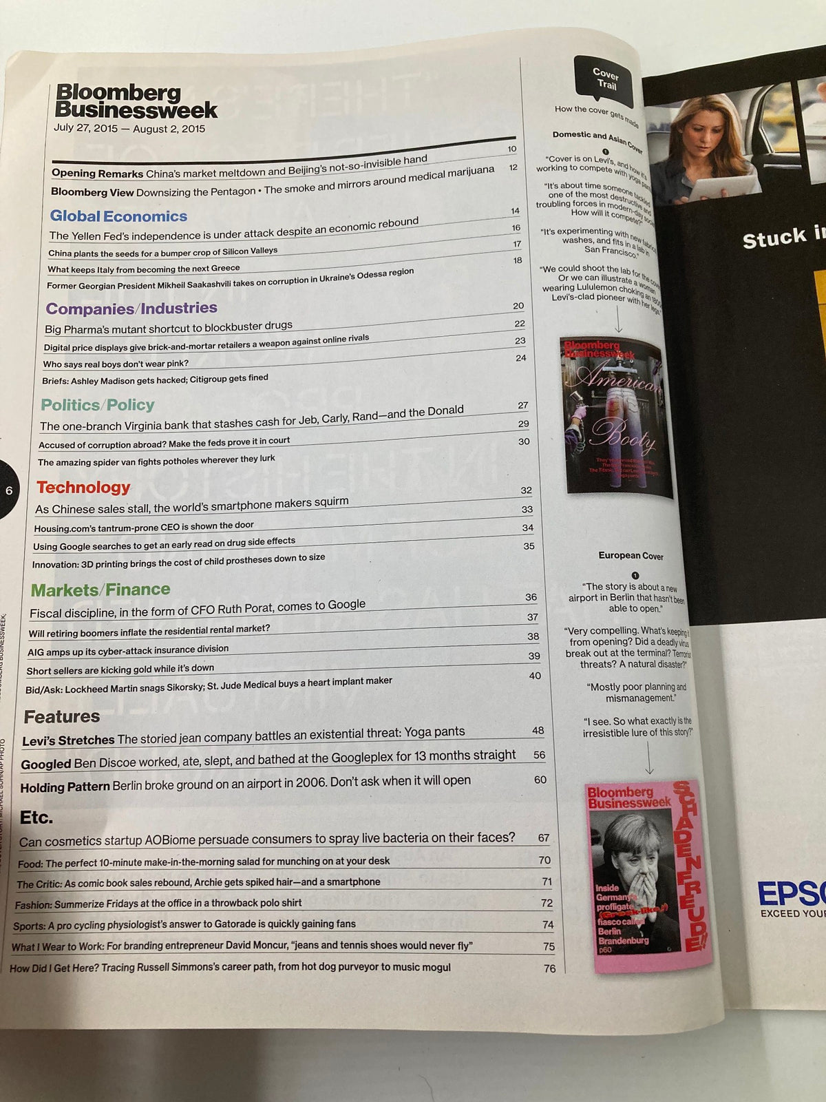 Bloomberg Businessweek Magazine July 27 2015 editorial page showcasing contents including articles on Global Economics, Companies, and Technology.