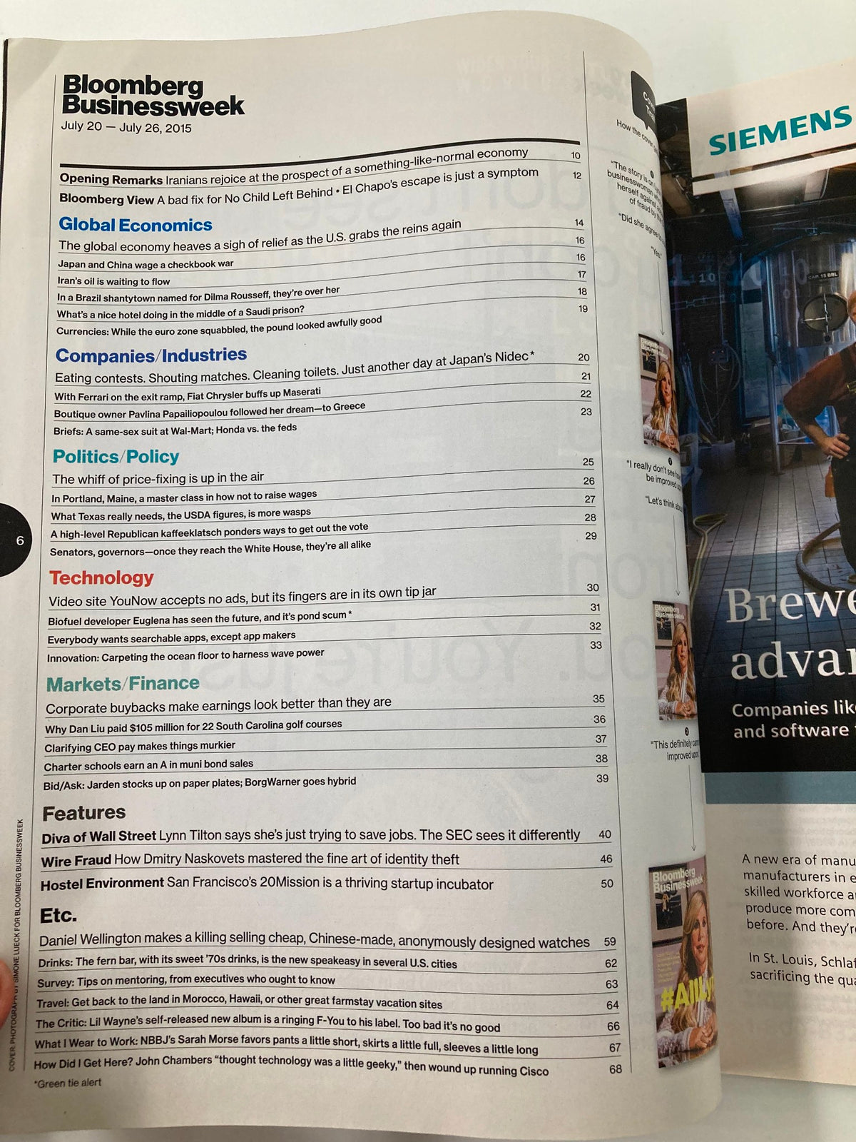 Inside page of Bloomberg Businessweek Magazine from July 20, 2015, showcasing the table of contents including articles on global economics, industries, and features related to Lynn Tilton.