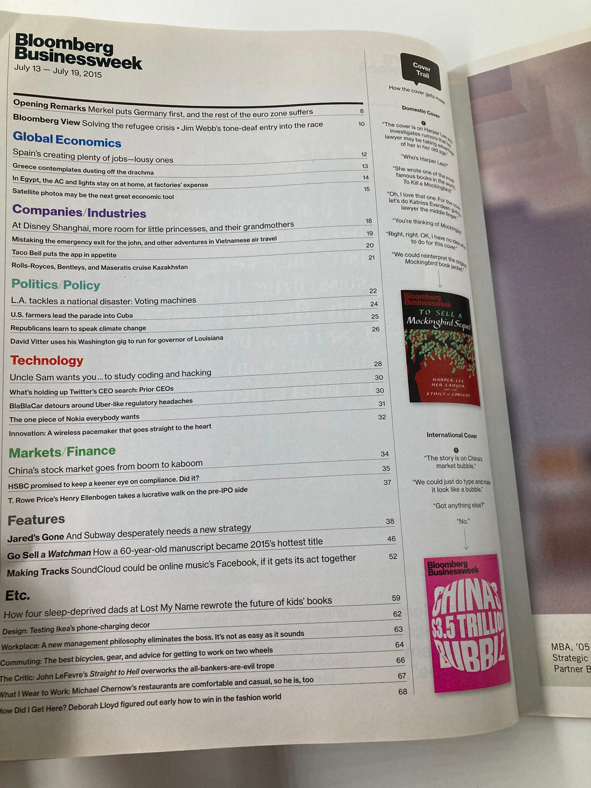 Interior page of Bloomberg Businessweek Magazine July 13 2015 showcasing the table of contents and various articles from that issue.
