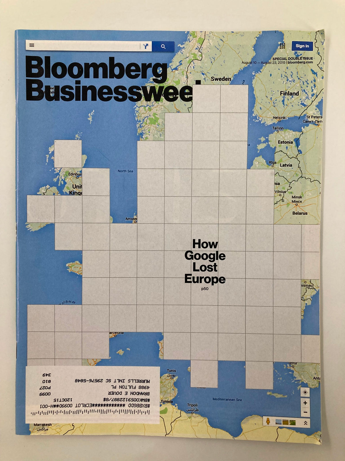 Cover of Bloomberg Businessweek Magazine August 10, 2015, featuring the title 'How Google Lost Europe' and a map of Europe with grid lines.