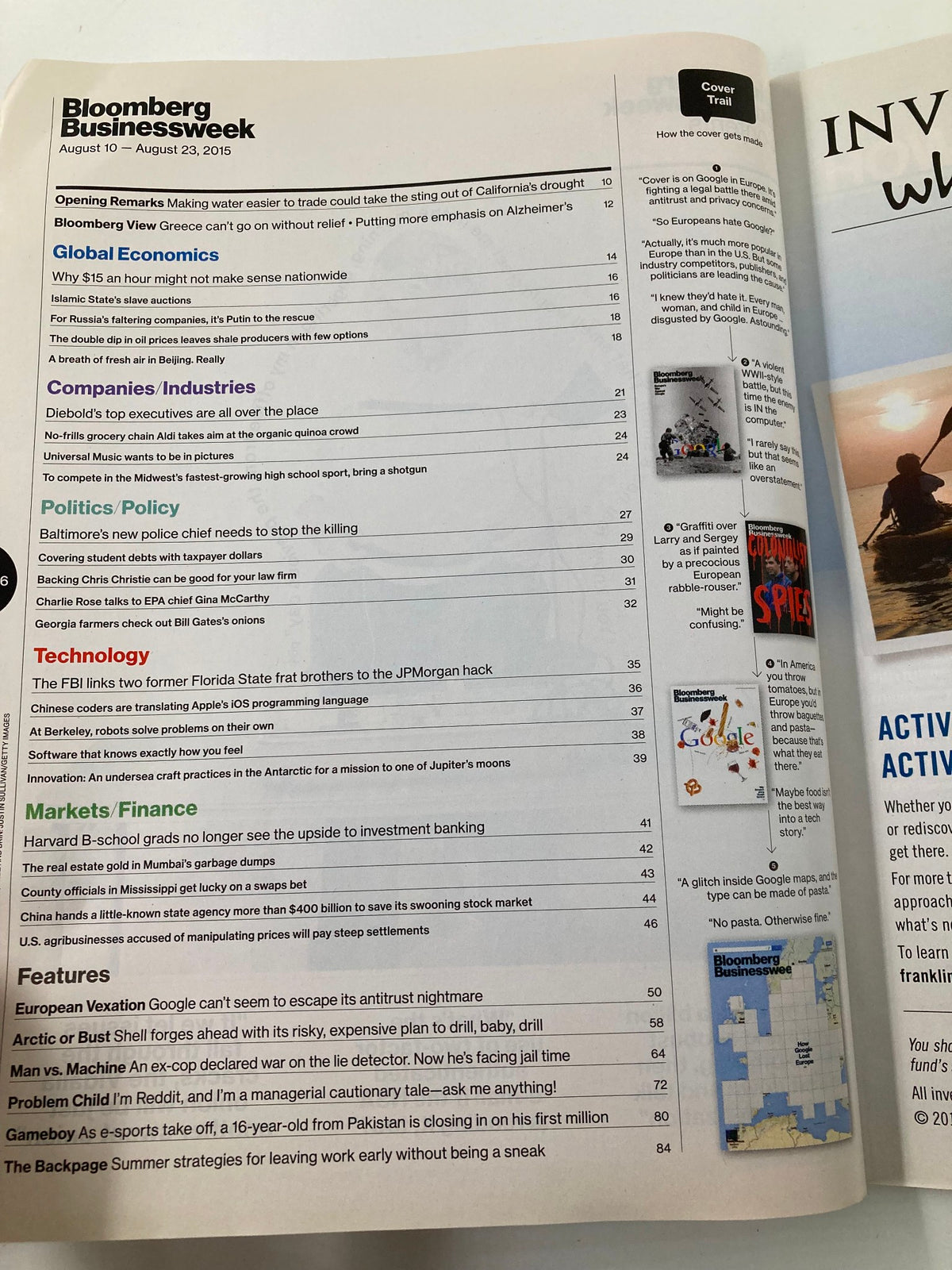Table of contents from Bloomberg Businessweek Magazine August 10, 2015, showcasing articles including 'How Google Lost Europe' and topics on global economics and technology.