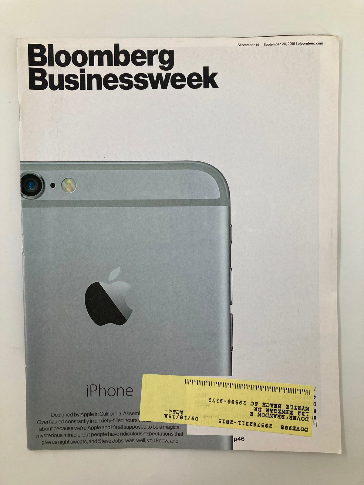 Cover of Bloomberg Businessweek Magazine, September 14, 2015, featuring the title 'Designing The New iPhone' and a close-up of an iPhone, showcasing Apple's design.