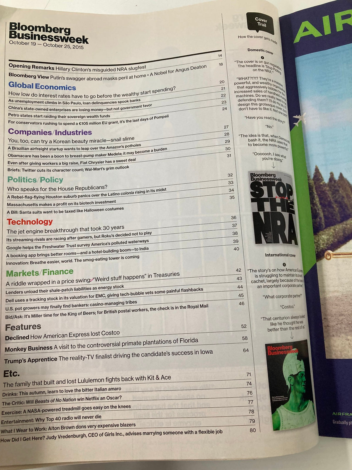 Inside page of Bloomberg Businessweek Magazine from October 19, 2015, showcasing table of contents with a focus on political analysis and topics relevant to the NRA and gun rights.