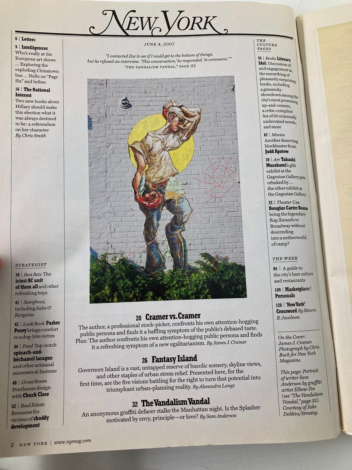 Interior page of New York Magazine from June 4, 2007, showcasing an article layout with various features, including a table of contents and an illustration on a brick wall.