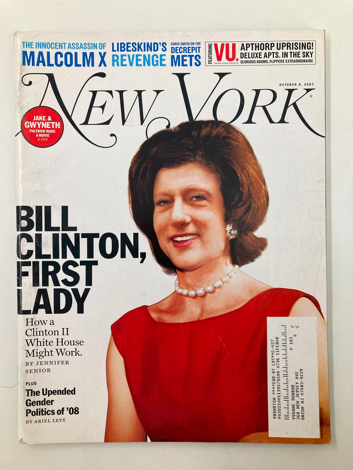 New York Magazine cover from October 8, 2007 featuring Bill Clinton, First Lady, with the title 'How a Clinton II White House Might Work' by Jennifer Senior.