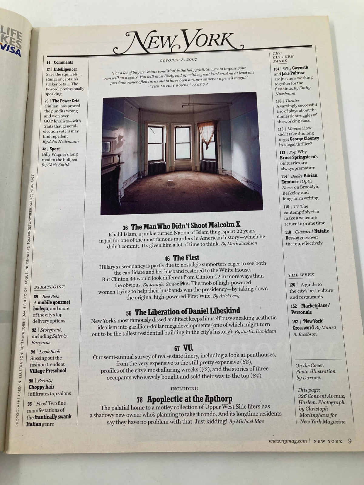 Interior page of New York Magazine from October 8, 2007, showcasing articles including 'The Man Who Didn’t Shoot Malcolm X' and 'Apology to the Apthor'.