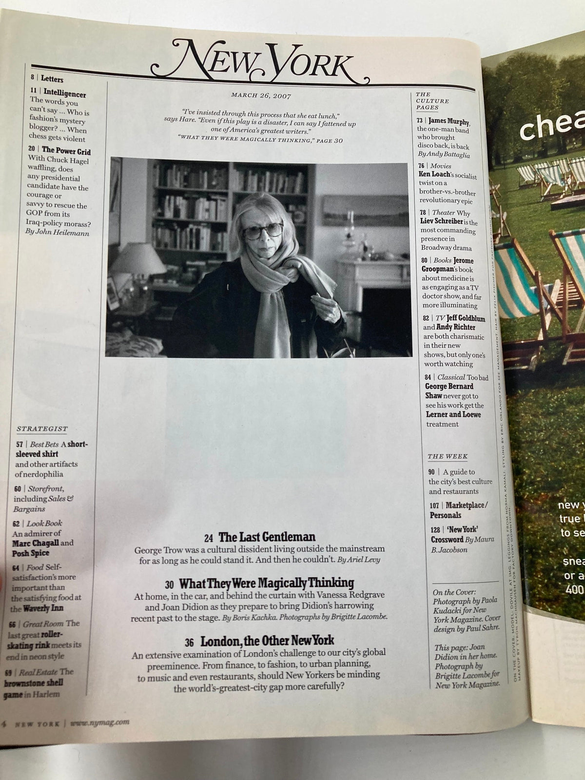 Inside page of New York Magazine March 26, 2007 displaying article listings including 'The Last Gentleman' and insights into London and global perspectives.