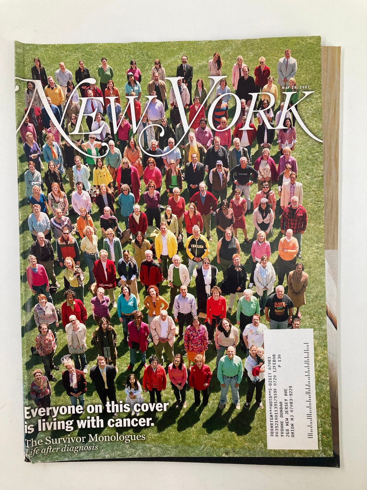Cover of New York Magazine dated May 28, 2007, titled 'The Survivor Monologues: Life After Diagnosis', featuring a large group of people standing together on a grassy field, emphasizing the theme of living with cancer.